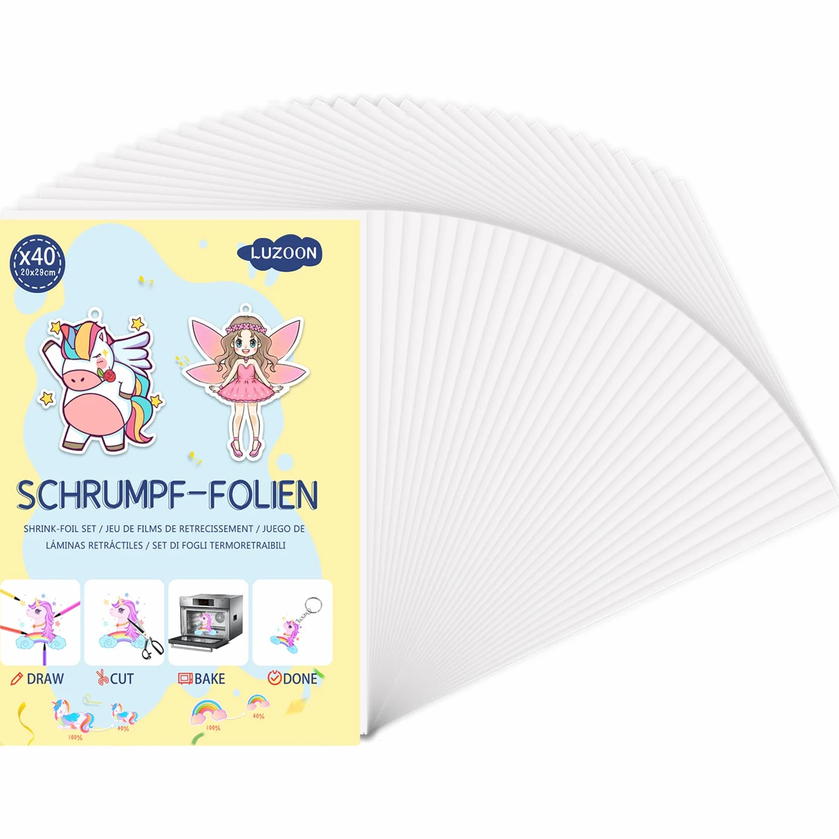 LUZOON 40 Láminas Plástico Mágico A4 Papel Encogible Horno Mate Translúcido 0,3 mm 20x29 cm
