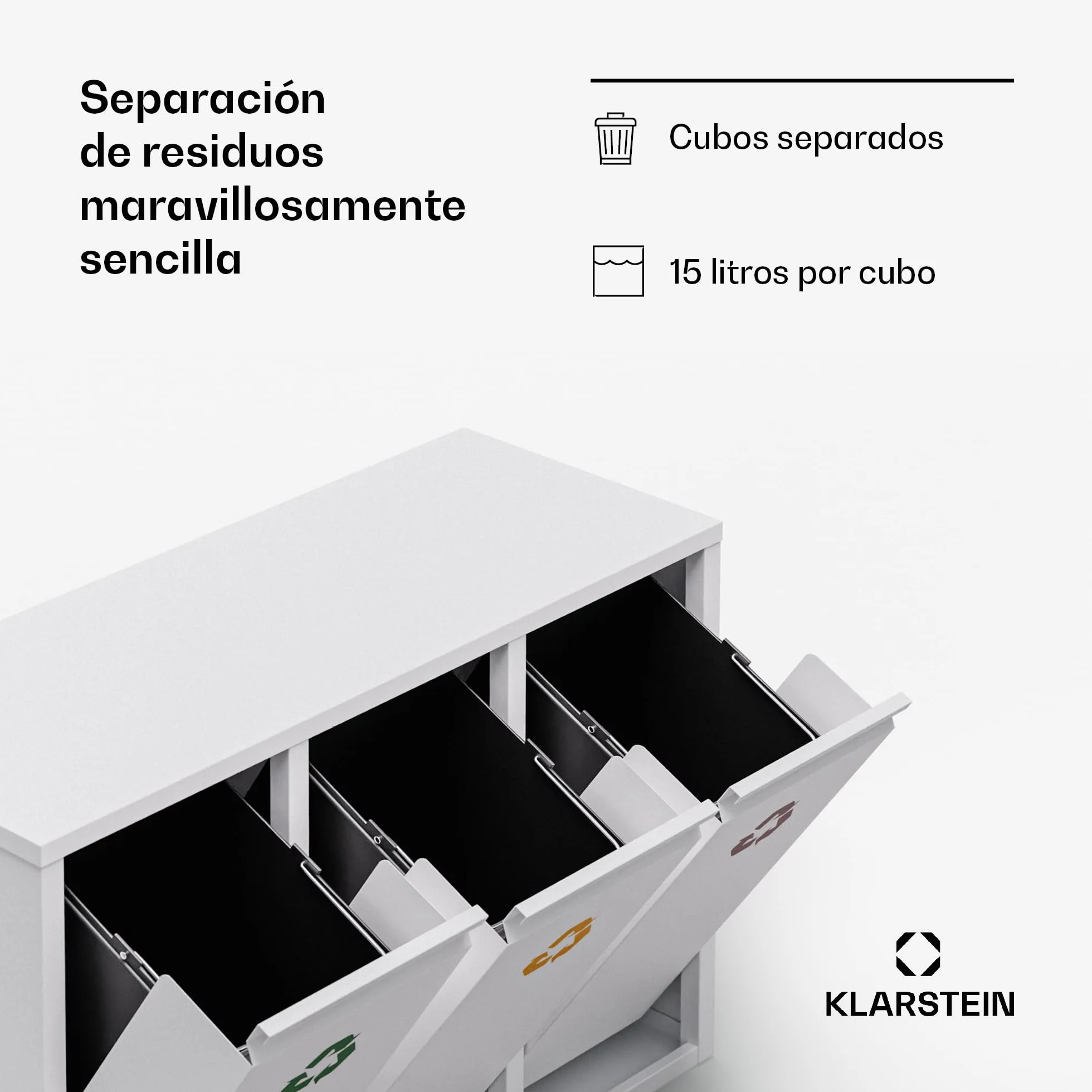 KLARSTEIN Ordnungshüter 3 Cubo de basura cocina - 45L separación de residuos, 3 cubos de 15L, acero inoxidable, extraíbles, papelera cocina
