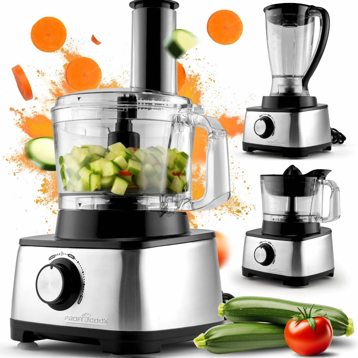 ProfiCook PC-KM 1063 robot de cocina compacto, cortar, amasar, mezclar, accesorio para prensar cítricos, 1,2L, apertura de rellenado, con función turbo incl. 11 accesorios, 1200W
