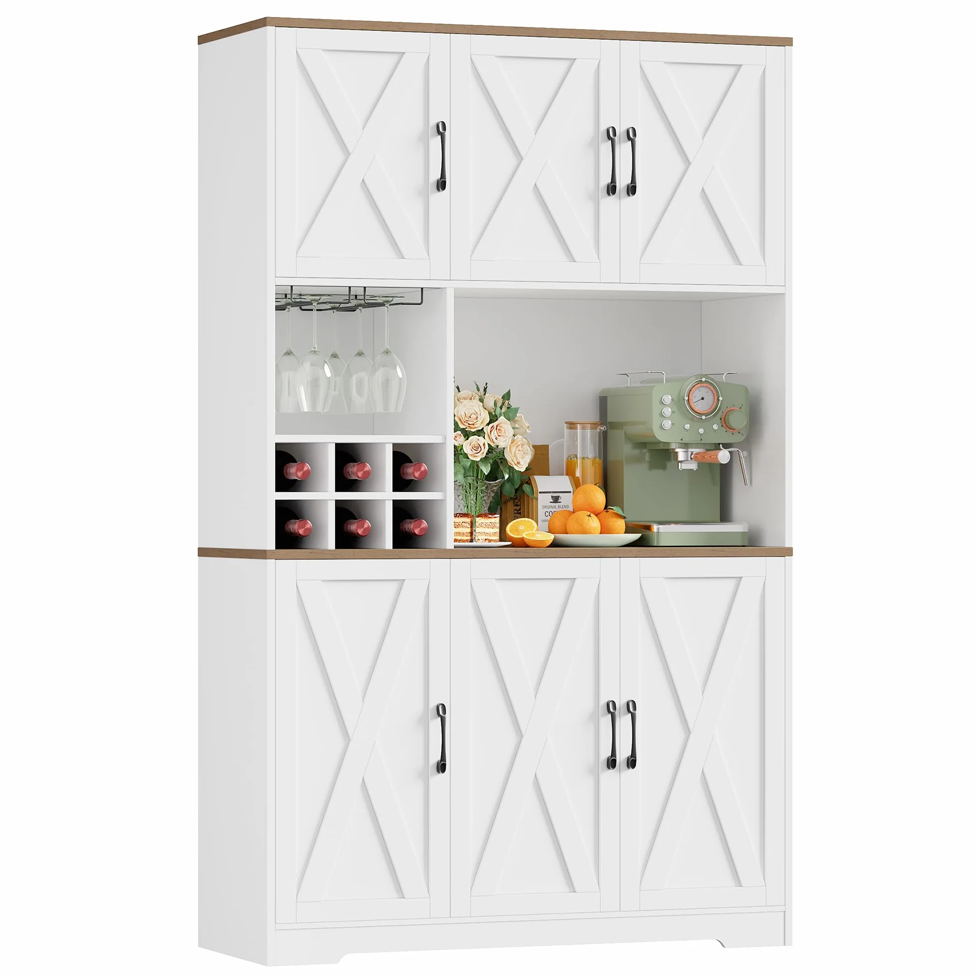 HOCSOK Alacena de Cocina，Armario con 6 Puertas, Soporte para Copas, Botellero Vino, Mueble de Cocina con Soporte para Microondas, para Comedor Y Sala De Estar, Blanco, 106x37x180 cm