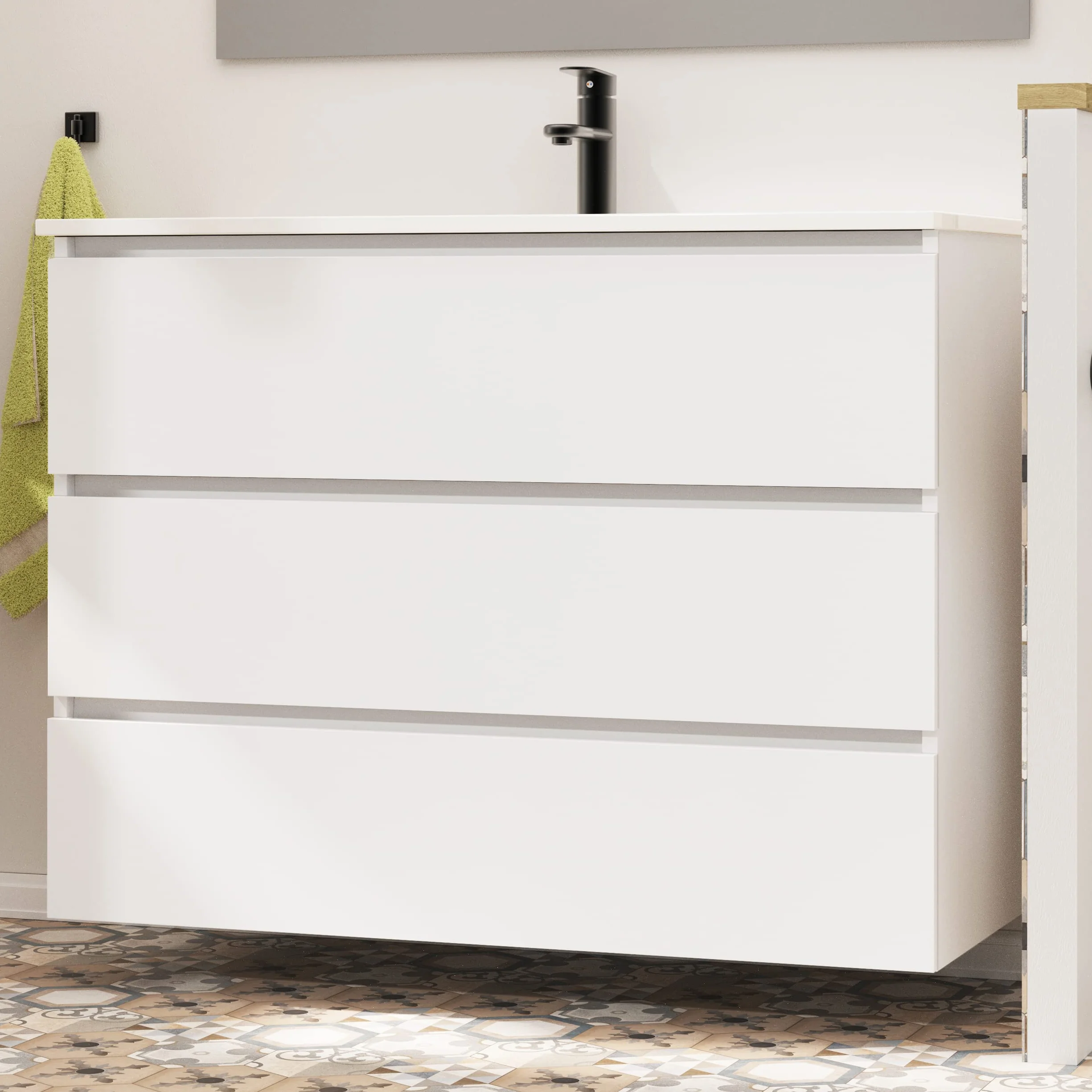 Baikal | Conjunto Completo de Mueble de Baño Suspendido a la Pared con Lavabo Cerámico y Espejo | Tres Cajones, Cierre Amortiguado, Melamina 16mm | Mueble MONTADO | Blanco Mate | 100cm