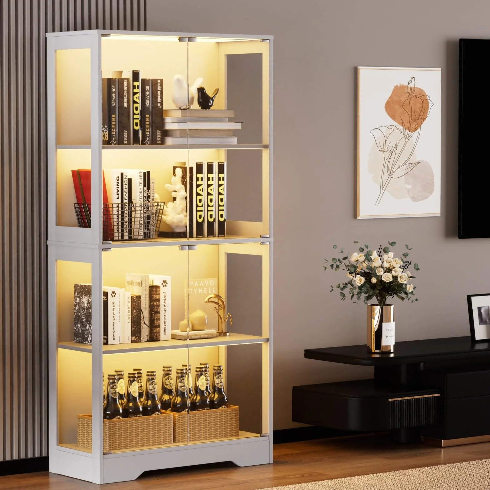 Vitrina de cristal con iluminación LED y sensor inteligente, vitrina de 4 capas, vitrina coleccionable para salón, dormitorio, oficina, blanco, 80 x 35 x 165 cm