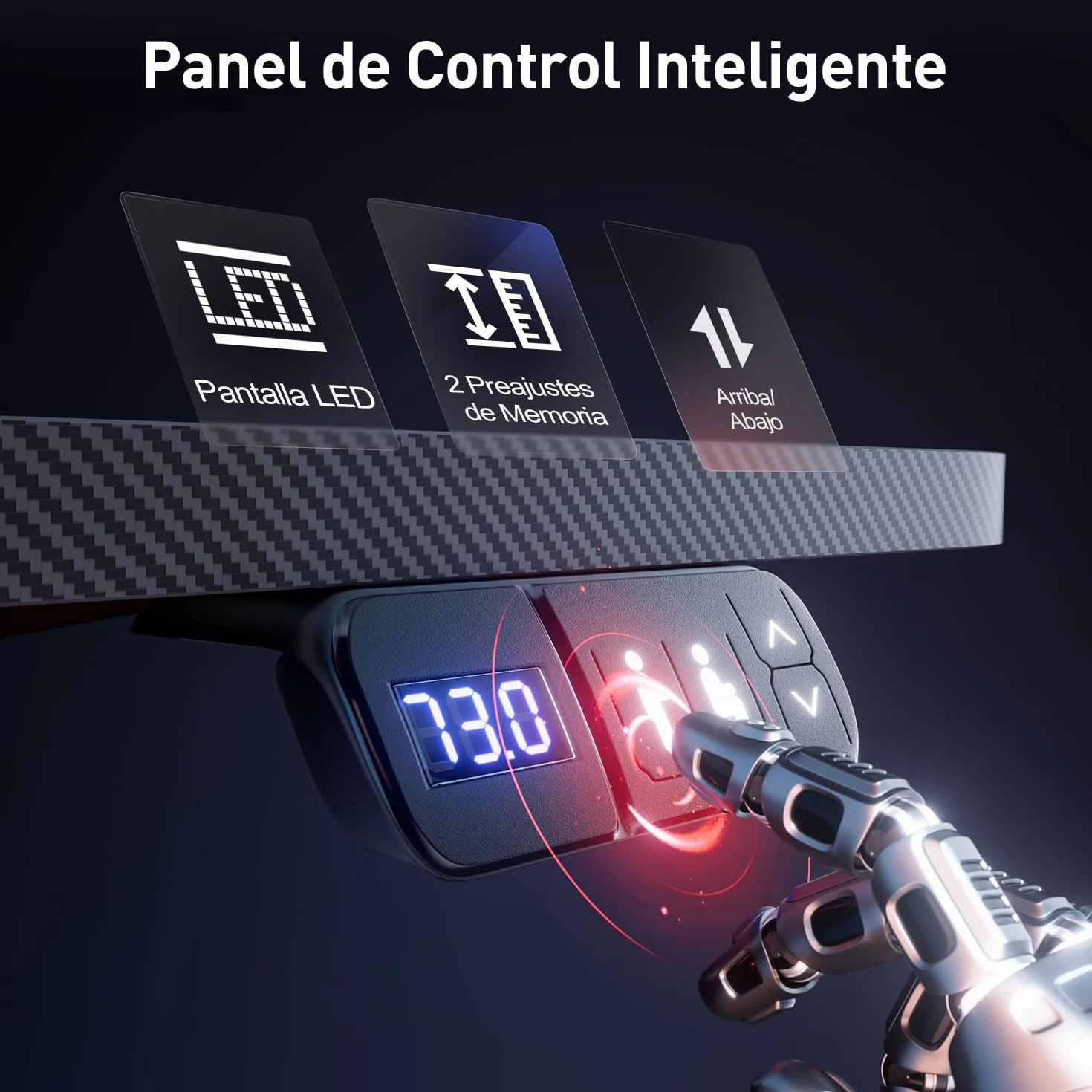 HLFURNIEU Escritorio Elevable Electrico LED 120 x 60 cm, Mesa Gaming con Toma de Corriente, Soporte para Monitor, 2 Control de Memoria, Superficie de Fibra de Carbono, Escritorio Gaming Negro