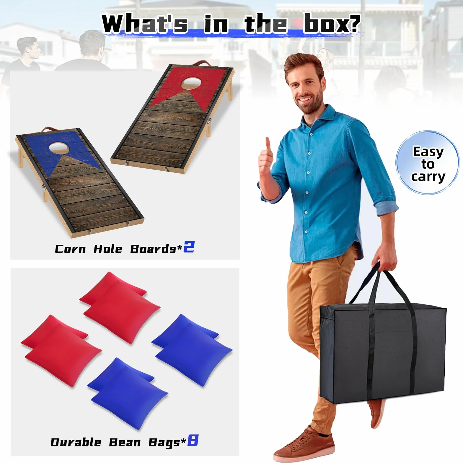 NZQXJXZ Juego de Cornhole de Madera Maciza - 120 x 55 cm Tablas de Cornhole Plegables con 8 pufs y una Bolsa de Transporte, Juegos portátiles de Lanzamiento de pufs para Adultos y Familia