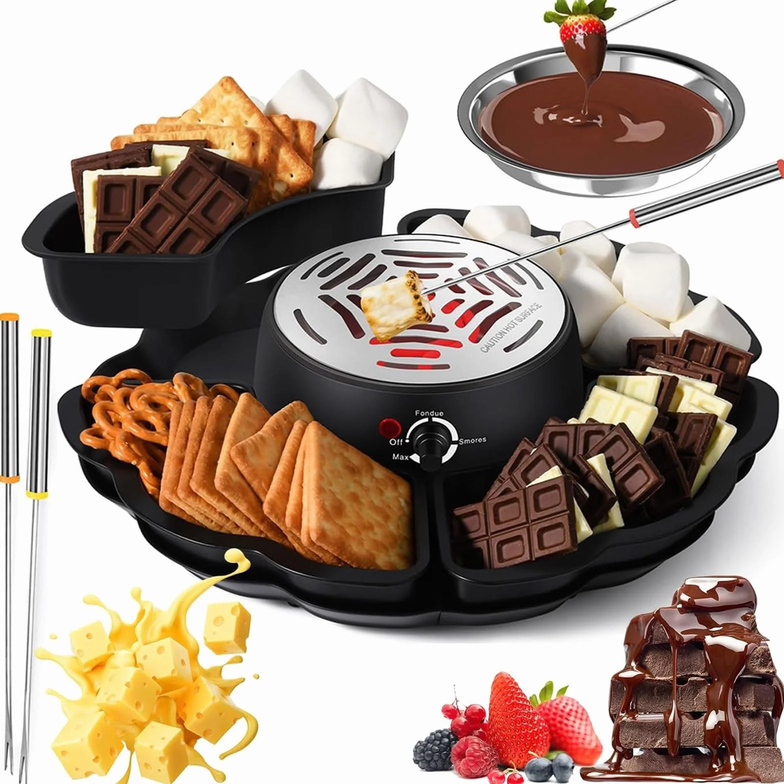 Máquina eléctrica for Hacer S'Mores y Olla for Fondue, Kit 2 en 1 for tostar malvaviscos con 4 Tenedores for Asar, 4 bandejas Desmontables y 1 Calentador sin Llama con Control de Temperatura