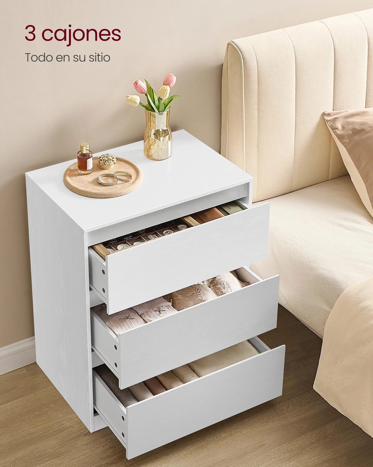 VASAGLE Colección Kailyn - Cómoda de 3 Cajones para Dormitorio, Armario de Almacenamiento, Mueble para Ropa, 40 x 60 x 75 cm, Estilo Moderno, Blanco Nieve LTS613WE01
