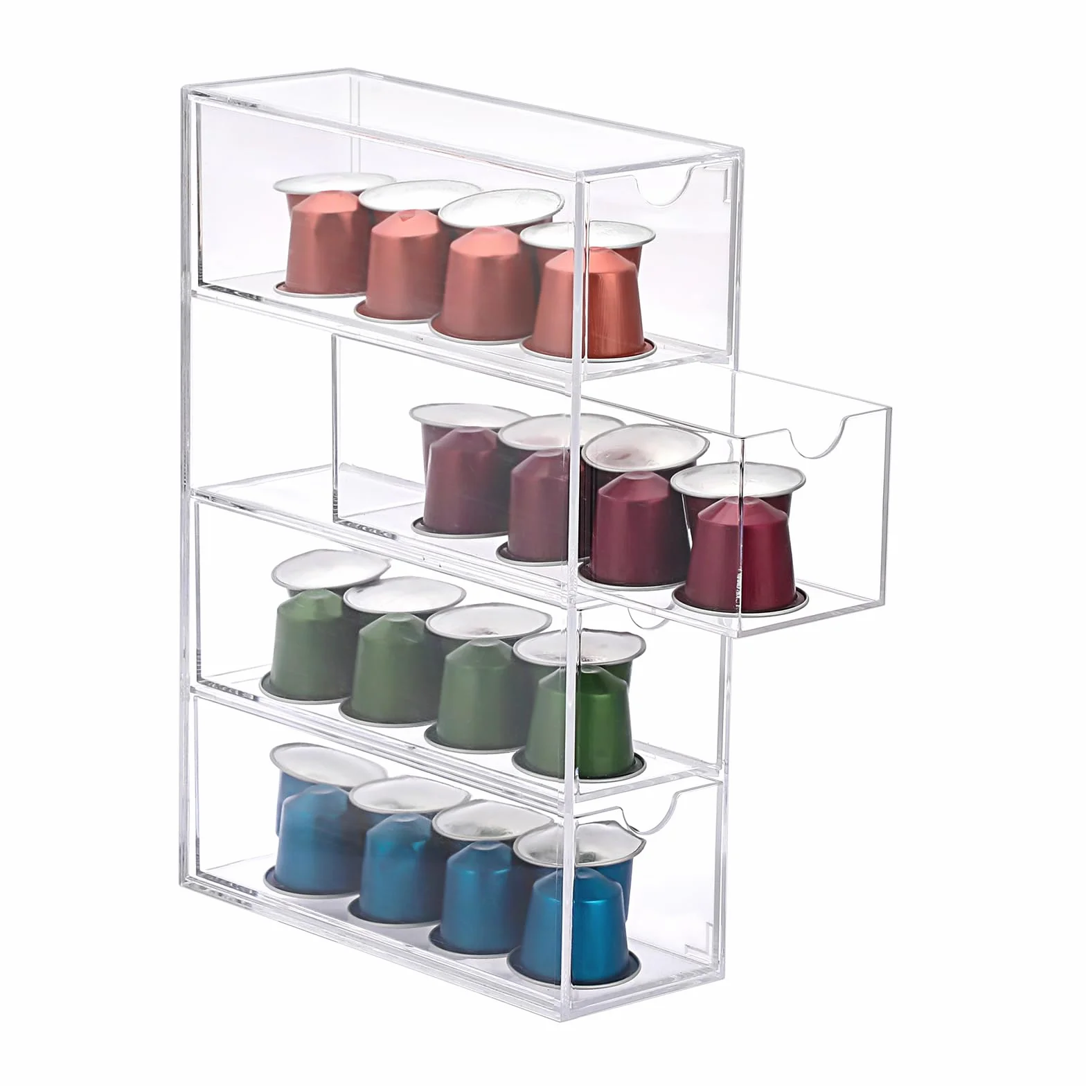 IGNPION Caja de Almacenamiento de Café Acrílico 4 Cajones Transparente para Cápsulas de Café con Tapa
