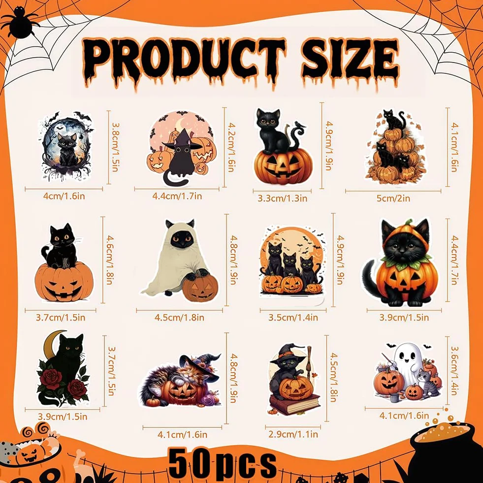 Set de Decoración de Gato-Bruja para Halloween, Figura de Resina con Sombrero de Bruja y 50 Pegatinas