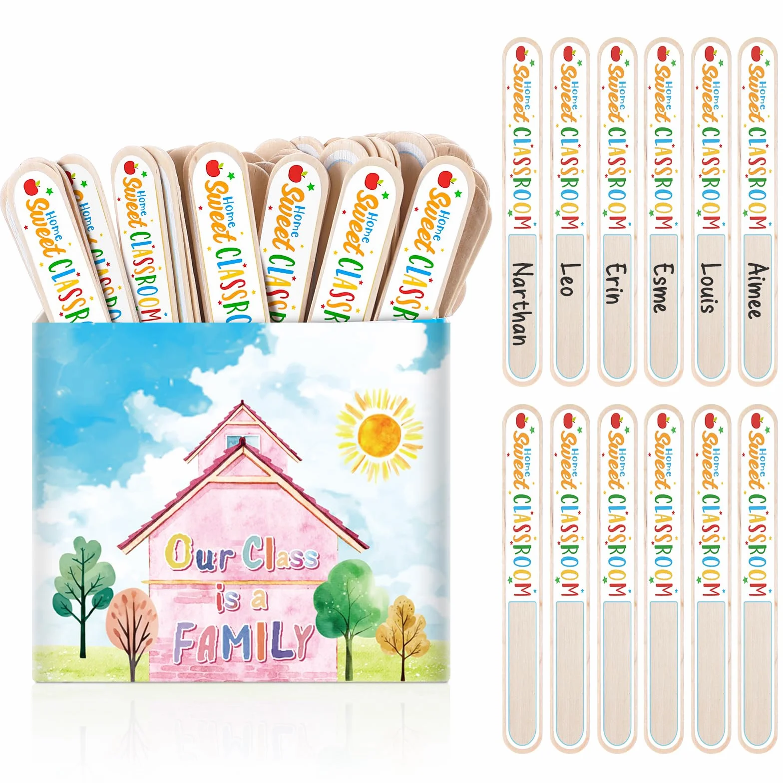 Motipuns 51 palitos con nombre con nuestra clase es una familia de cartón de madera hablando para gestión del aula, artículos esenciales para profesores, actividades educativas de aprendizaje para