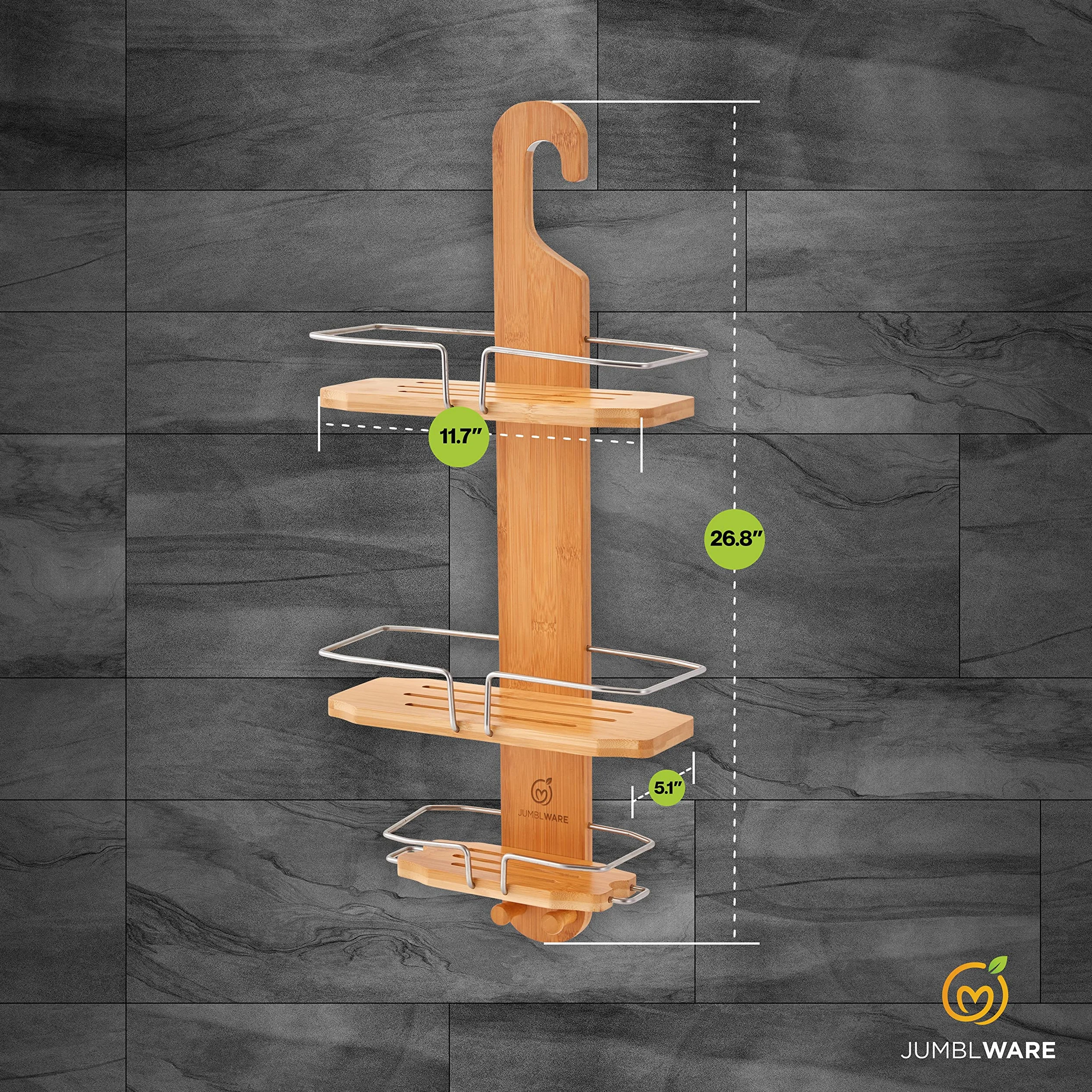 JumblWare Organizador de ducha de bambú. Organizador de bañera de 3 niveles para colgar sobre cabezal de ducha con soporte para cepillo de dientes, ganchos para maquinilla de afeitar y estante con