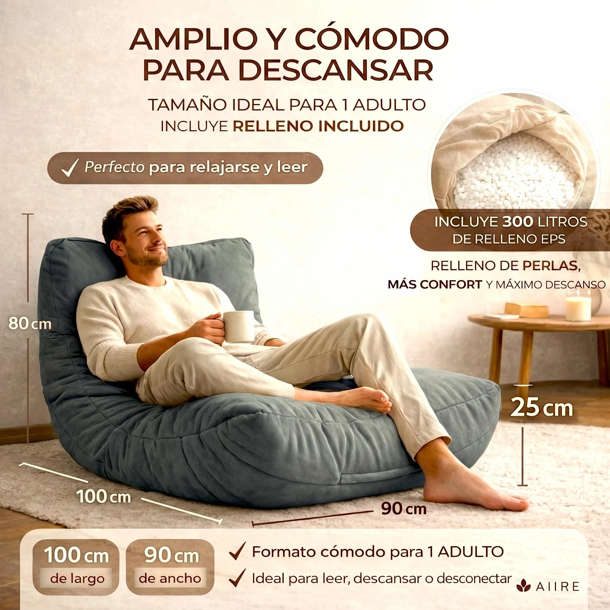 Aiire Puff Salón XXL de Diseño - Sillón Puf con Relleno Incluido para Adulto - Bean Bag Chair Premium para Dormitorio - Funda Desenfundable y Lavable Gris Oscuro