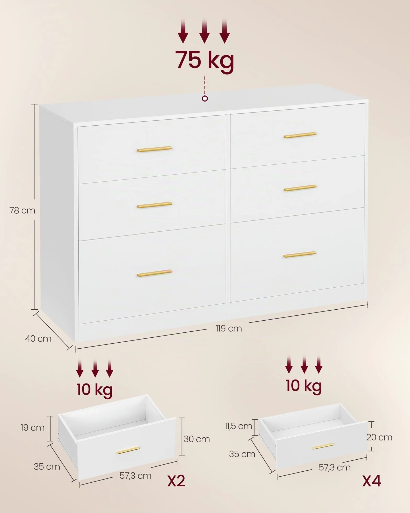 VASAGLE Custos Colección - Cómoda para Dormitorio, Mueble Almacenaje con Cajones, Soporte Moderno para TV de Salón, 6 Cajones, 40 x 119 x 78 cm, Blanco Nube LTS416WB01