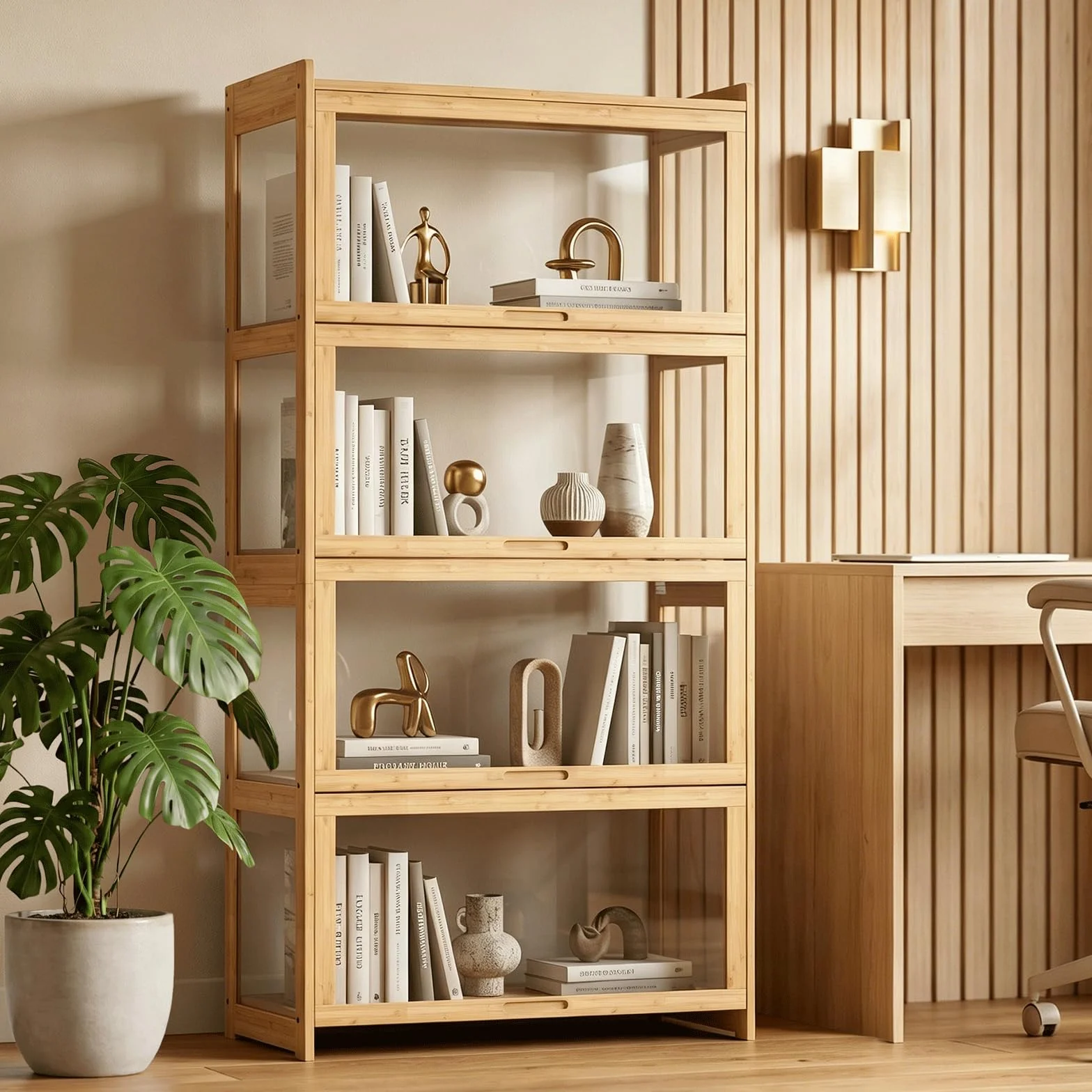 Magshion Vitrina de acrílico de 4 niveles con puerta, estante transparente de pie, estantería de exhibición de 27.5 pulgadas de largo x 13.5 pulgadas de ancho x 55 pulgadas de alto, color natural