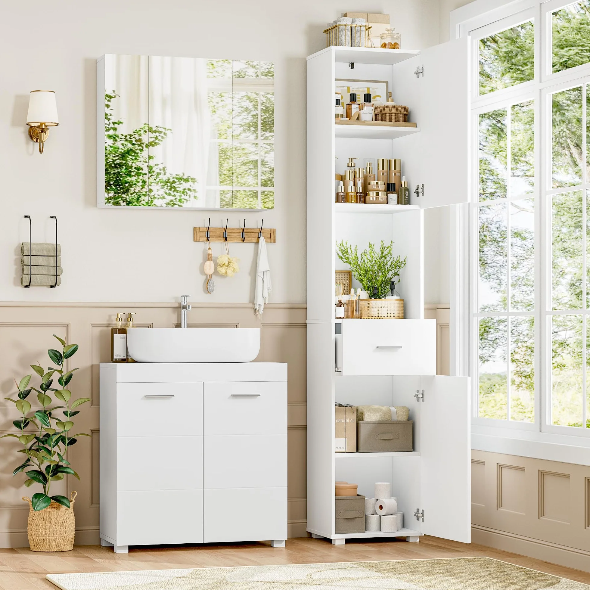 FOREHILL 180cm Mueble Columna Baño, Armario Baño Alto, Mueble Auxiliar Armario Estrecho y Alto, Madera, con 2 Puertas, 1 Cajón, Moderno, Blanco 37x30x180 cm
