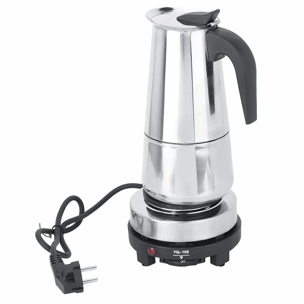 Ymiko Estufa de café eléctrica de acero inoxidable de 450 ml, juego de calentador para hacer tazas de café expreso, enchufe de la UE 220-240 V | Filtro uniforme para extracción rica y sabor óptimo, sello de silicona antifugas, compatible con gas y eléctri