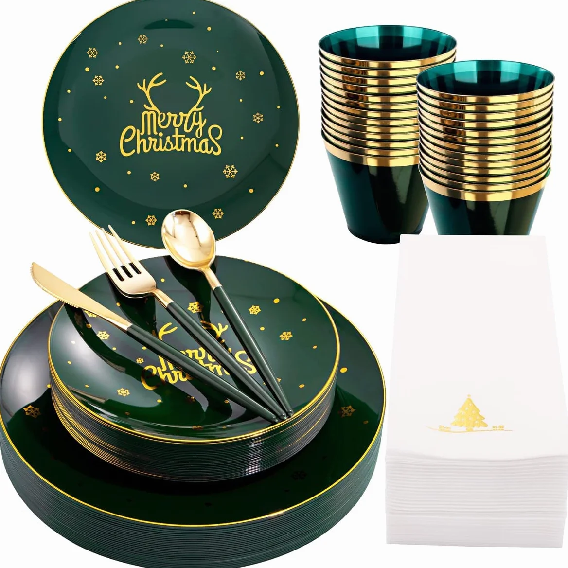 KAHEIGN 175 Piezas Reutilizable Vajilla Navide?a de Plástico Verde con Borde Dorado - 25 Platos Llano, 25 Platos Ensalada, 25 Cuchillos, 25 Tenedores, 25 Cucharas, 25 Servilletas para 25 Invitados