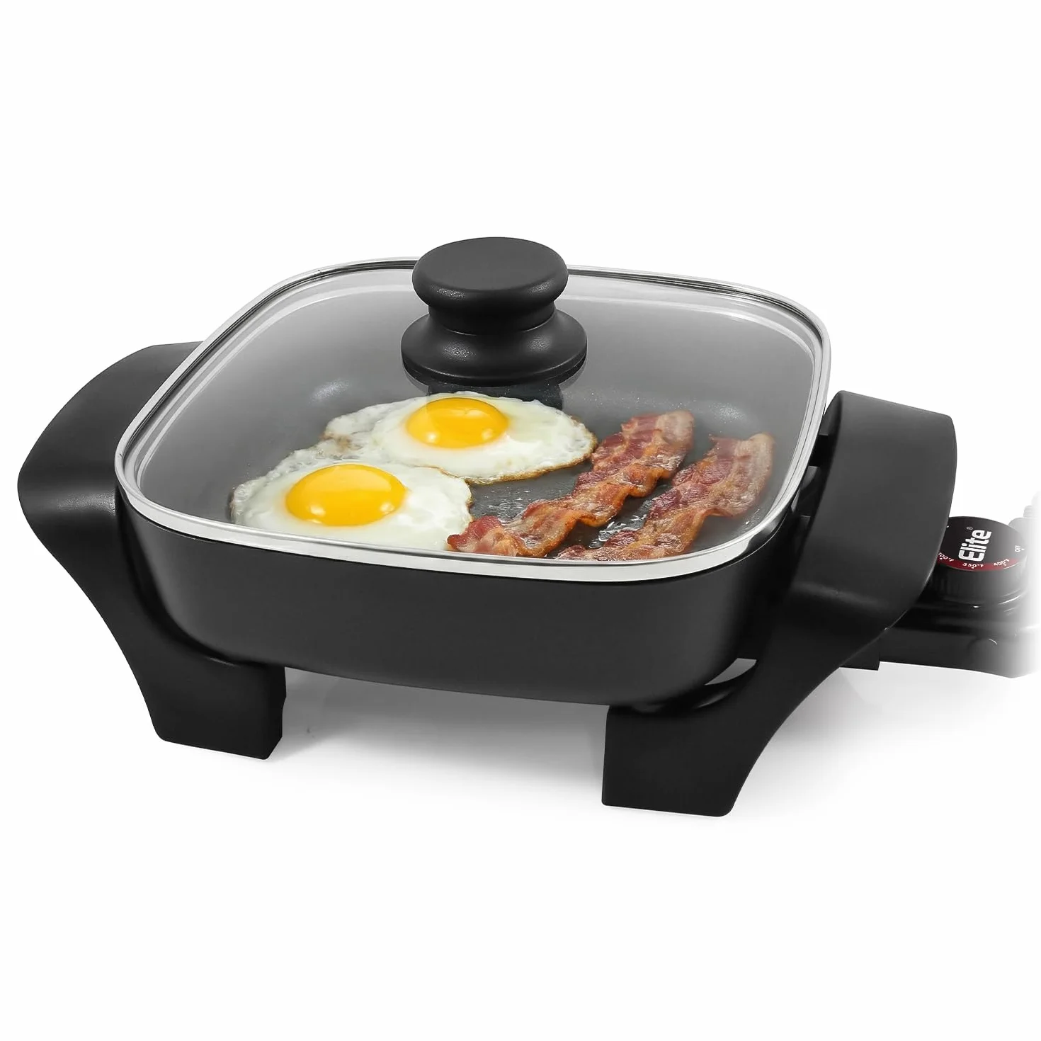 Elite Gourmet EG808 - Sartén eléctrica antiadherente de 8 x 8 pulgadas, apto para lavaplatos con tapa ventilada de vidrio templado, calentamiento rápido, 600 W, negro