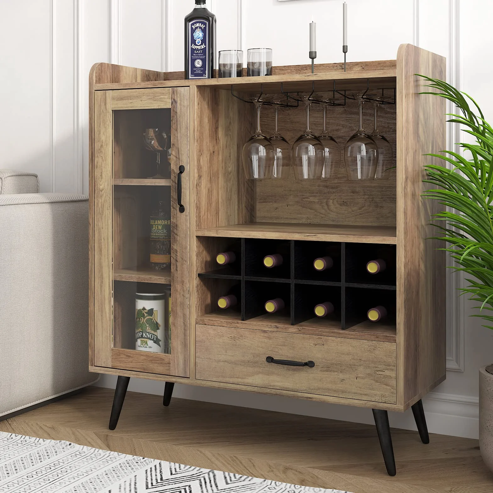 SogesHome Armario Buffet para Vino con Puerta de Cristal y cajón, 3 estantes con 8 Cubos, aparador de Almacenamiento con botellero para Entrada, salón, Cocina
