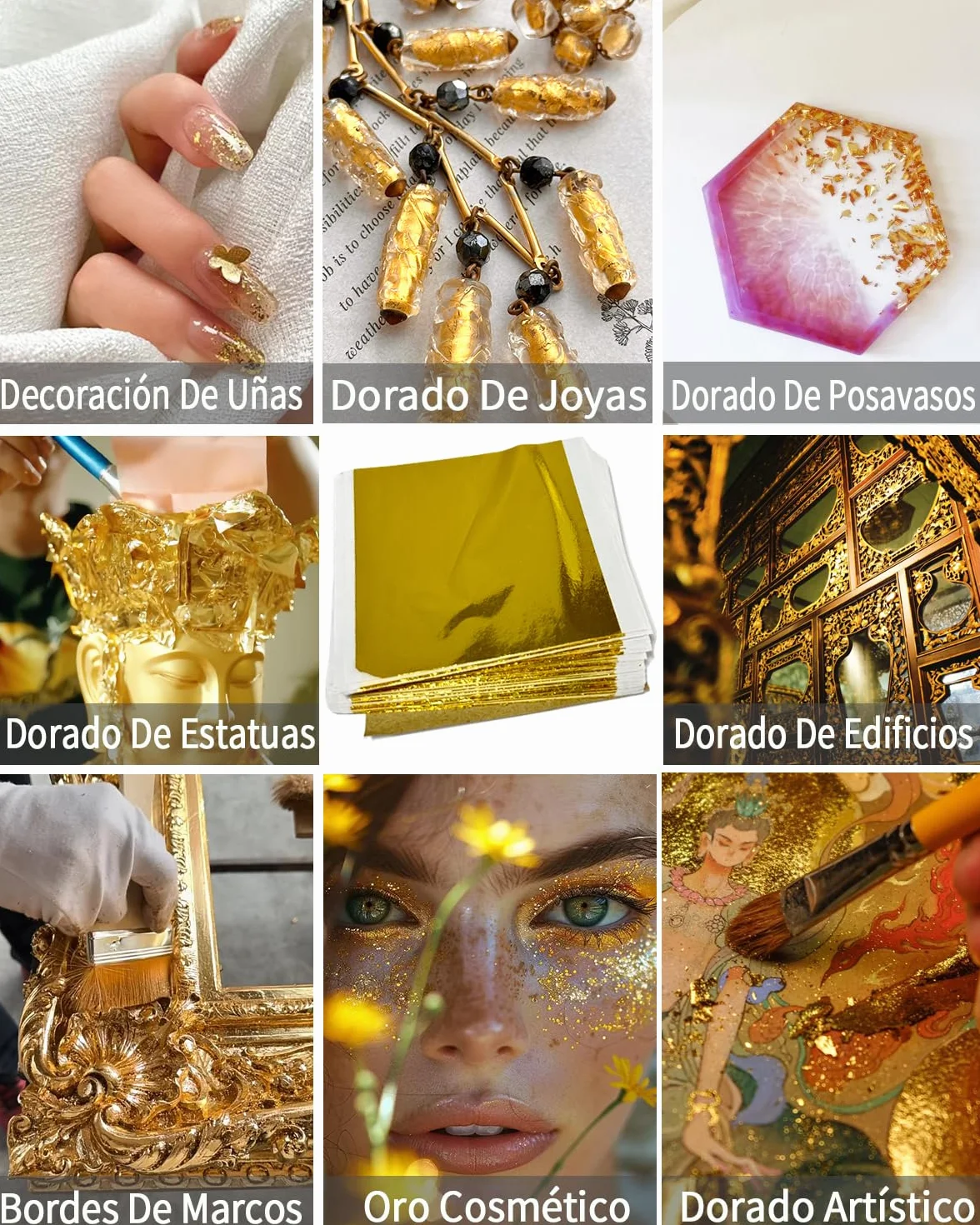 Hojas de Oro Pack 100 Hojas Grandes 14 x 14 cm Dorado para Artes Manualidades Decoración