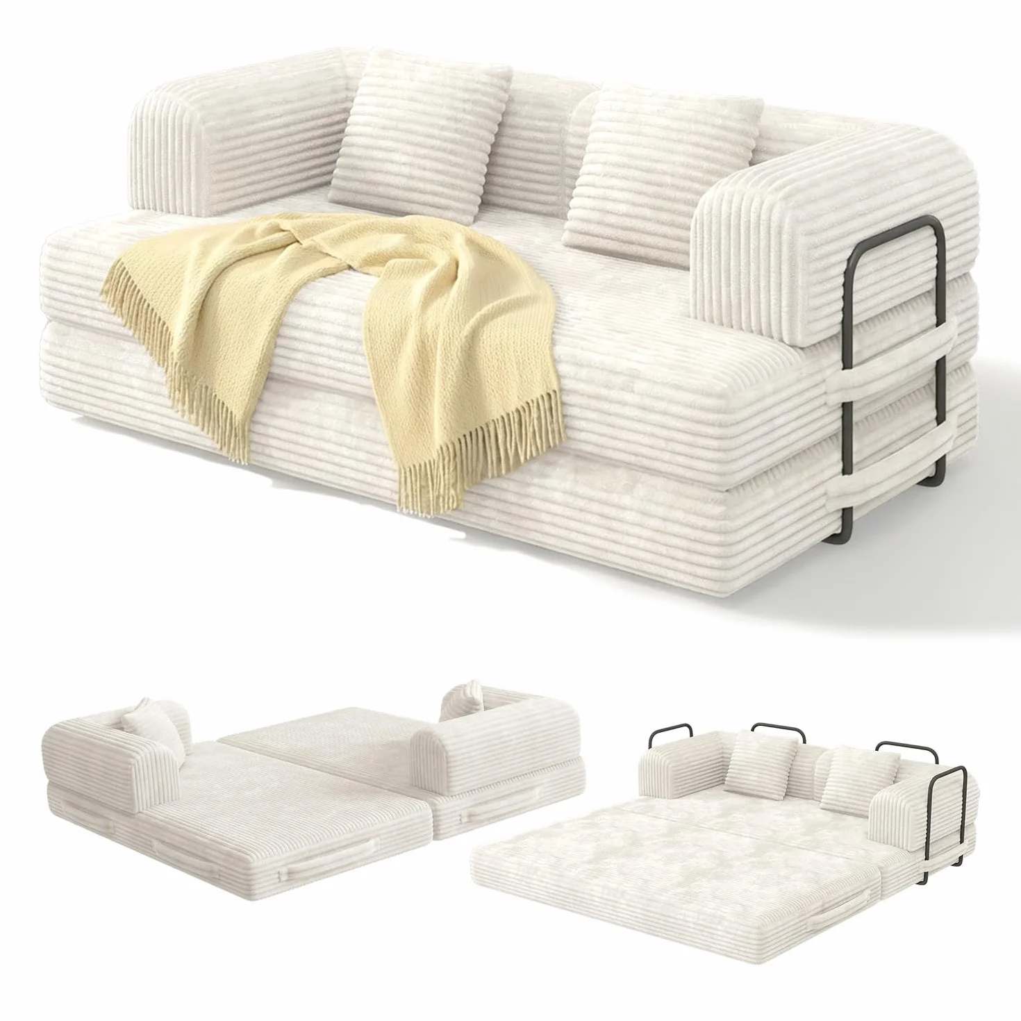 Xbro Sofá Cama 2 Plazas, Sofa Modular con 5 Configuraciones Transformables, Sofa Comprimido al Vacio(Sin Montaje) de Pana para Salón y Dormitorio, Blanco, 160x90x61 cm