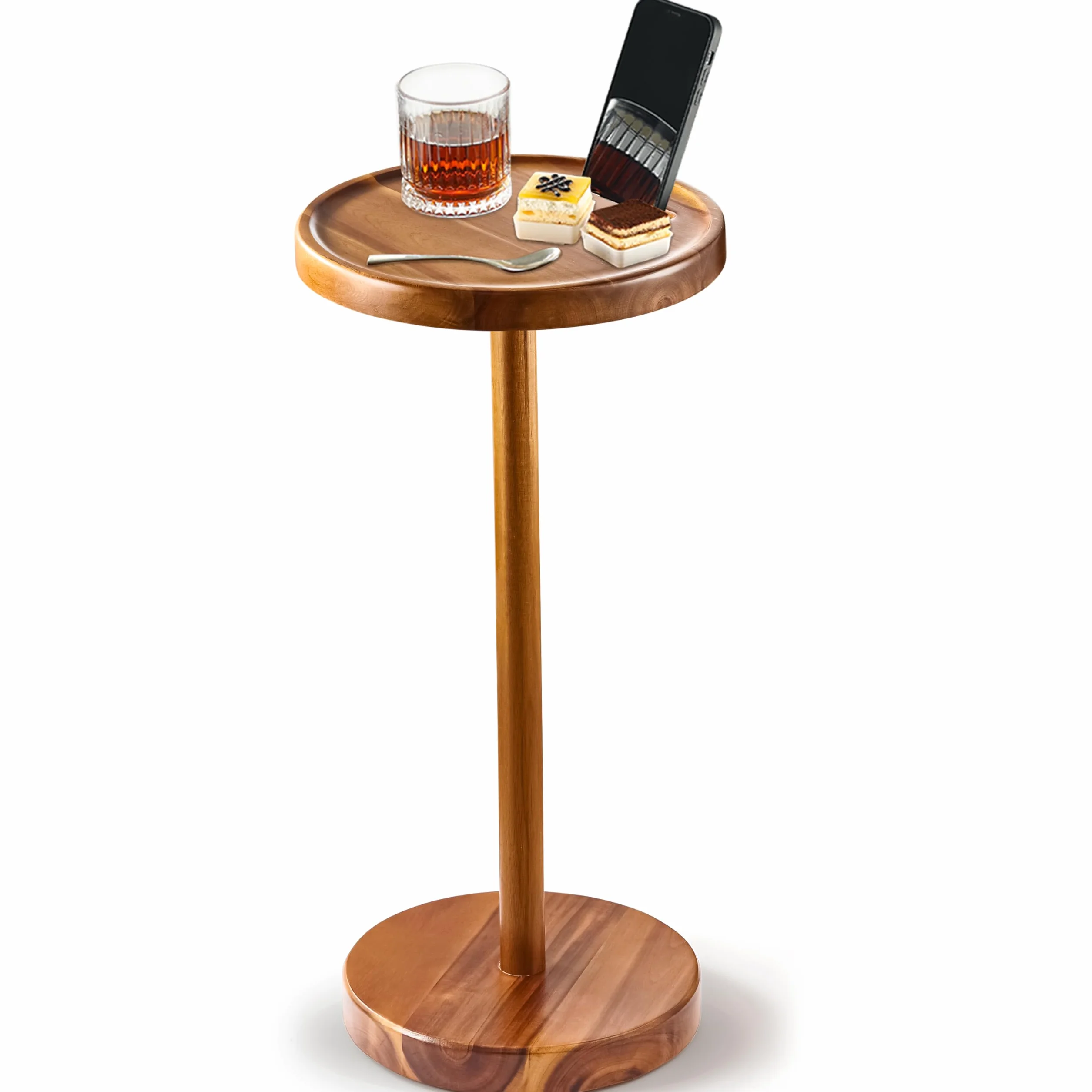 BLUEWEST Mesa auxiliar compacta de 24.4 pulgadas de alto con ranura para teléfono y base pesada, mesa de pedestal duradera para sala de estar (Acacia, base individual)