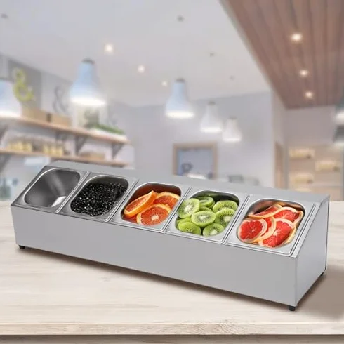 Caja de especias de acero inoxidable, estación de pizza, organizador, dispensador de especias con 6 sartenes y tapas 1/6, recipiente para especias de acero inoxidable, estante para condimentos
