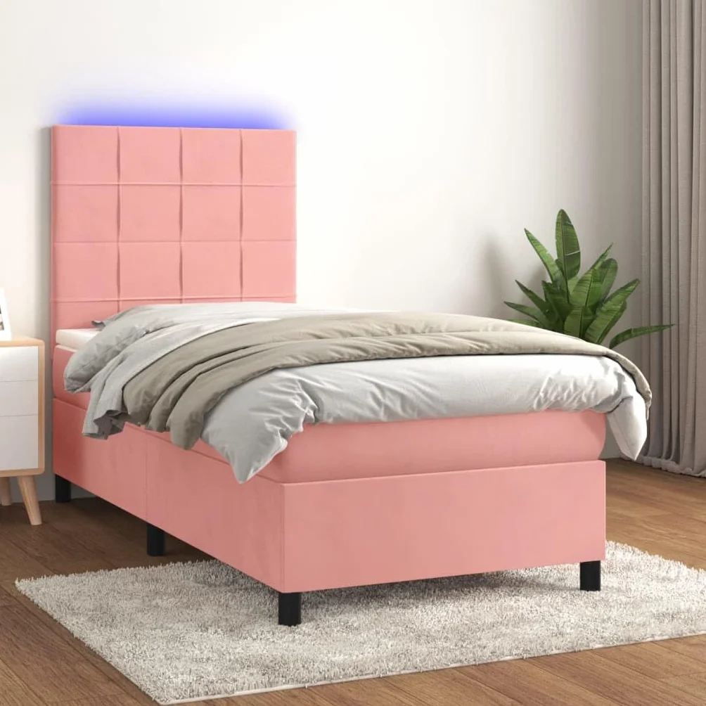 Cama con somier rosa de 90 x 190 cm con LED y colchón, funda de terciopelo de lujo, cabecero regulable en altura, ahorra espacio, cama individual para jóvenes y dormitorios de invitados