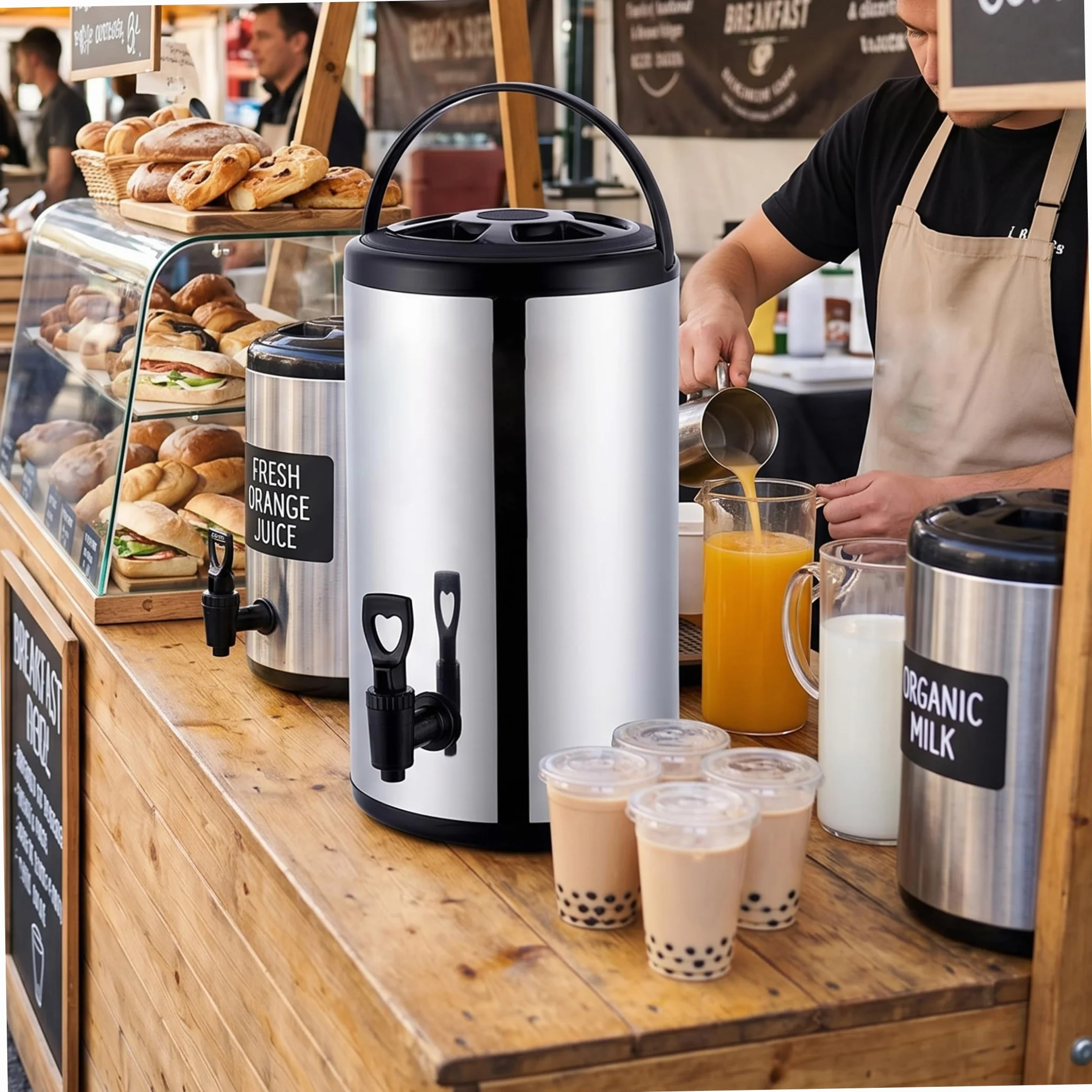 Dispensador de bebidas aislado, urna grande de acero inoxidable de 6 L con retención de temperatura de larga duración para puestos de alimentos y tiendas de desayuno, color negro