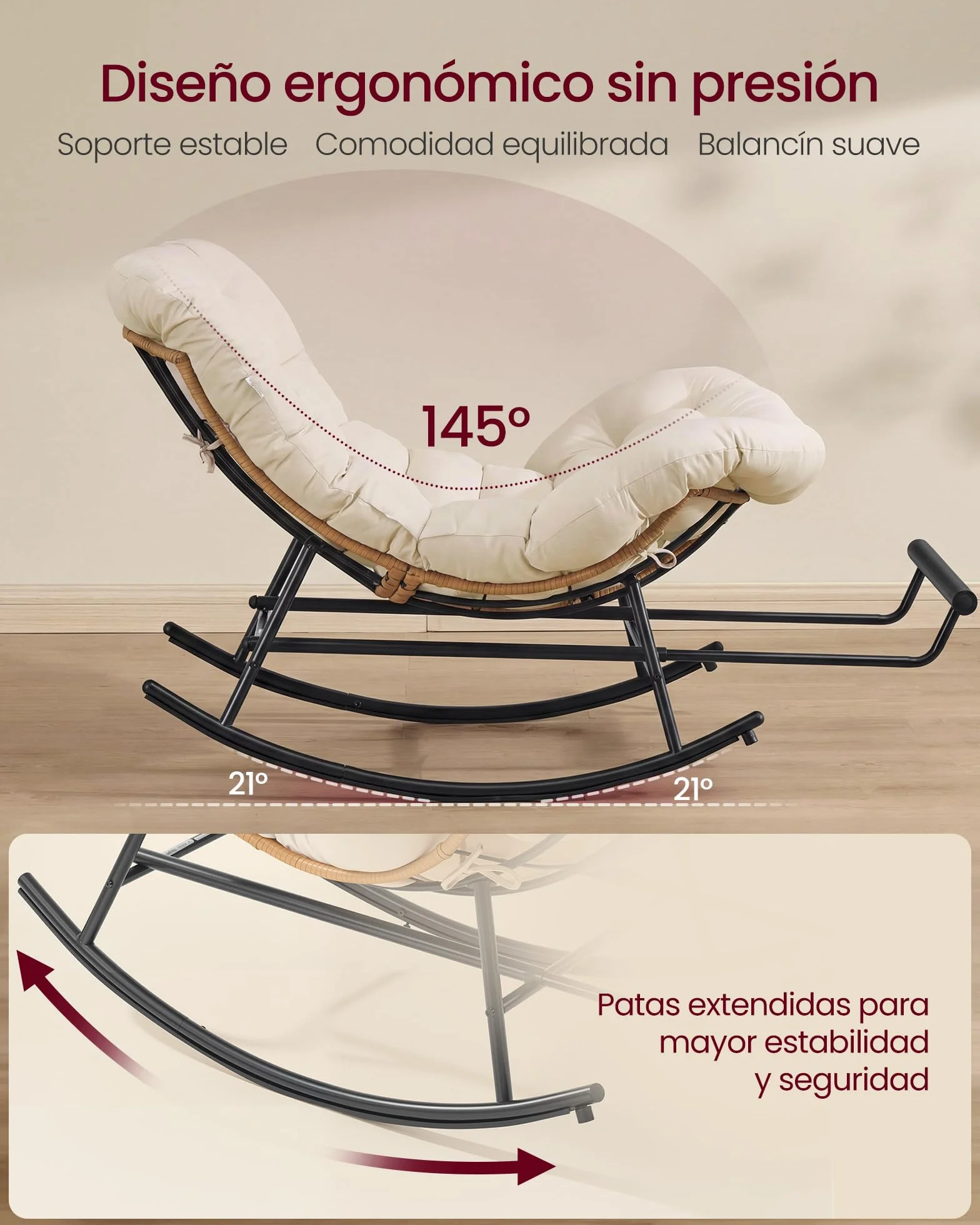 VASAGLE Silla Mecedora, Mecedora con Marco de Acero, Reposapiés Extraíble, Cojín Extraíble, Carga de 136 kg, Dormitorio, Sala de Estar, Terraza, Jardín, Beige LYY062WZ01