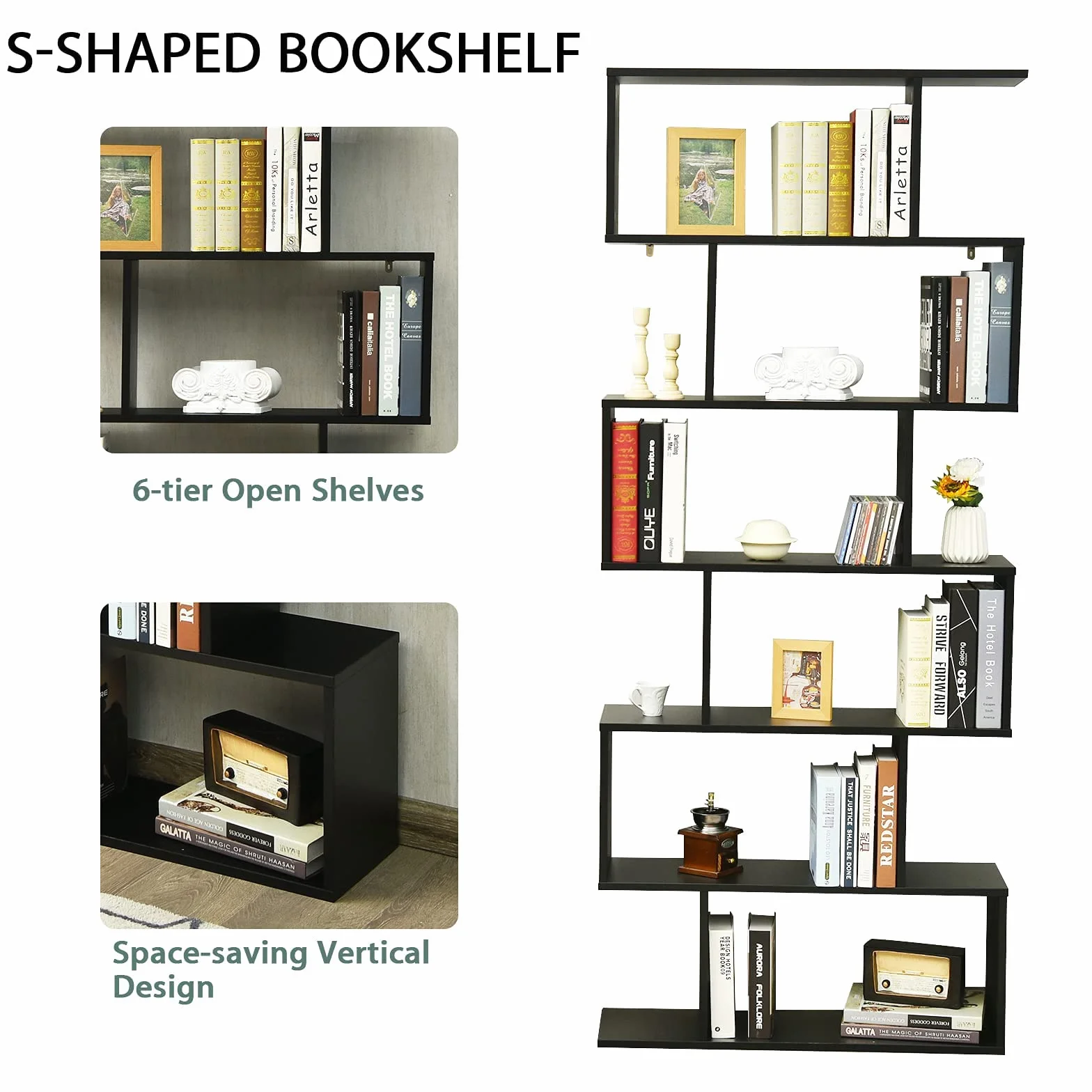 GIANTEX Librería en Forma de S, Estantería para Libros con 6 Estantes, 80 x 23 x 191 cm, Estantería de Almacenamiento Multifuncional, Diseño Antivuelco, para Salón, Estudio (Negro)