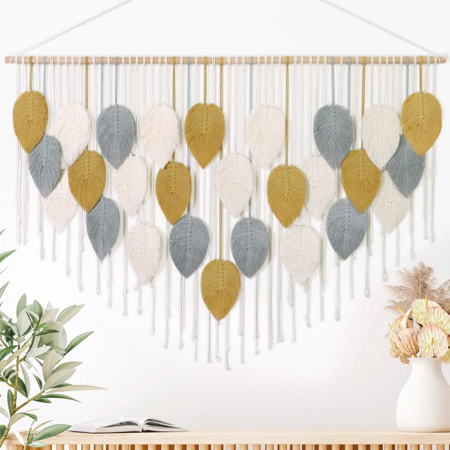 Weldomcor Macramé Tapiz Grande Tejido Tapiz Boho Macramé Hoja Decoración de Pared Pluma Chic Arte Tejido Para Dormitorio, Decoración de Salón, 130 cm Amarillo