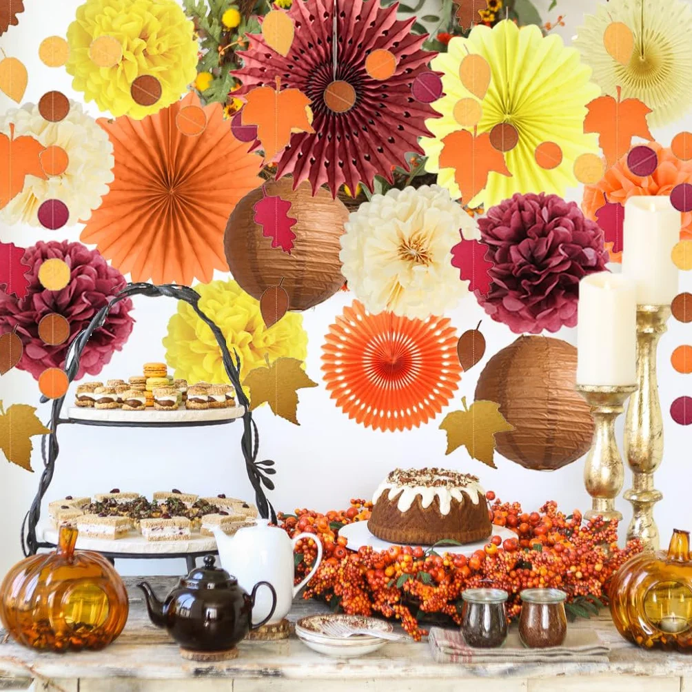 Decoraciones de Fiesta de Otoño: Abanicos de Papel Naranja y Burdeos, Pompones Amarillos, Faroles, Guirnalda de Hojas de Arce, Lunares Circulares para Cosecha, Cumpleaños