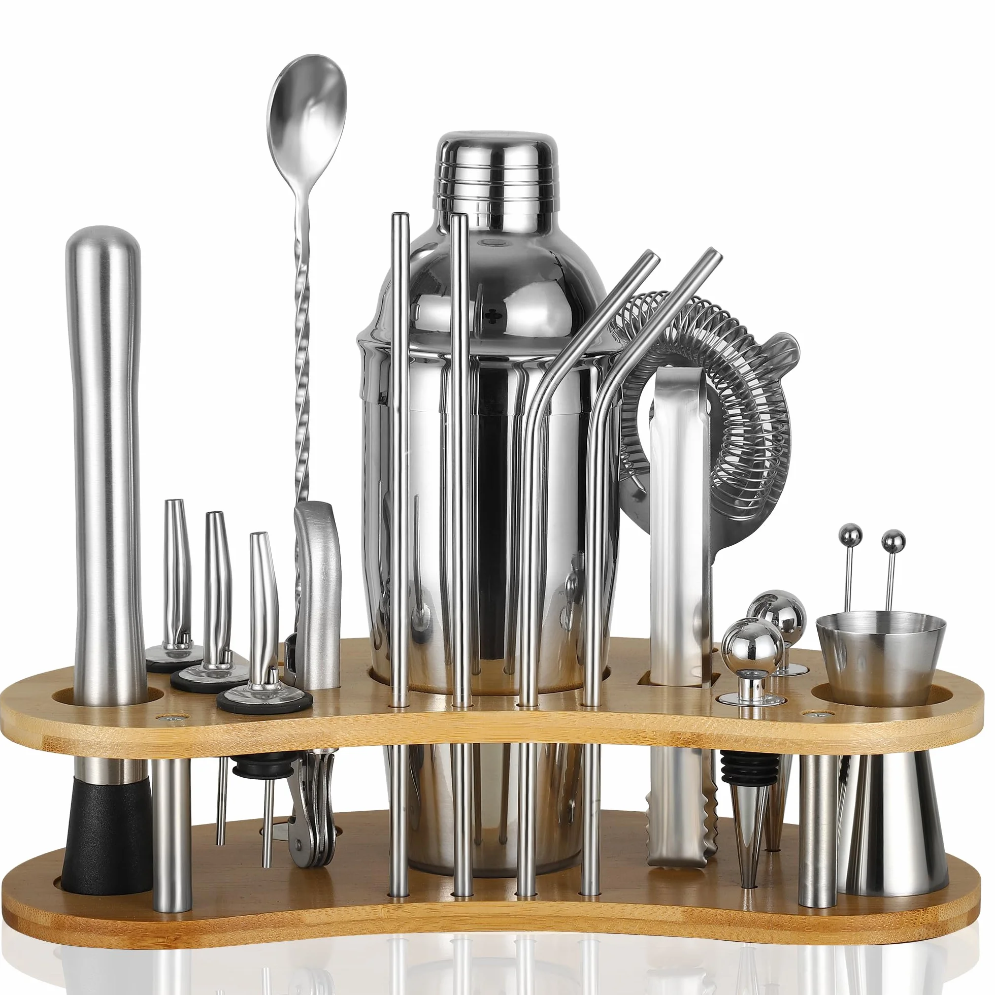 19 Piezas Coctelera, 750 Ml Coctelera Profesional de Acero Inoxidable Soporte Madera y Libro de Recetas De CóCteles, Cocktail Shaker, Regalo para Hombres y Mujeres (Bar en Casa, Fiesta, Boda)