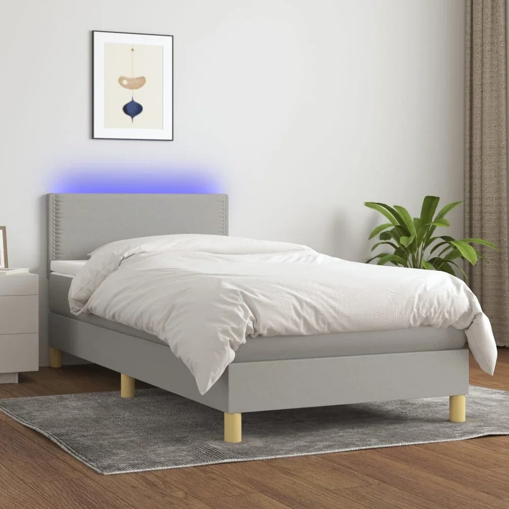 Cama con somier LED, 90 x 200 cm, tela gris claro, cabecero de altura ajustable, colchón de muelles ensacados para dormir, jóvenes, habitaciones de invitados