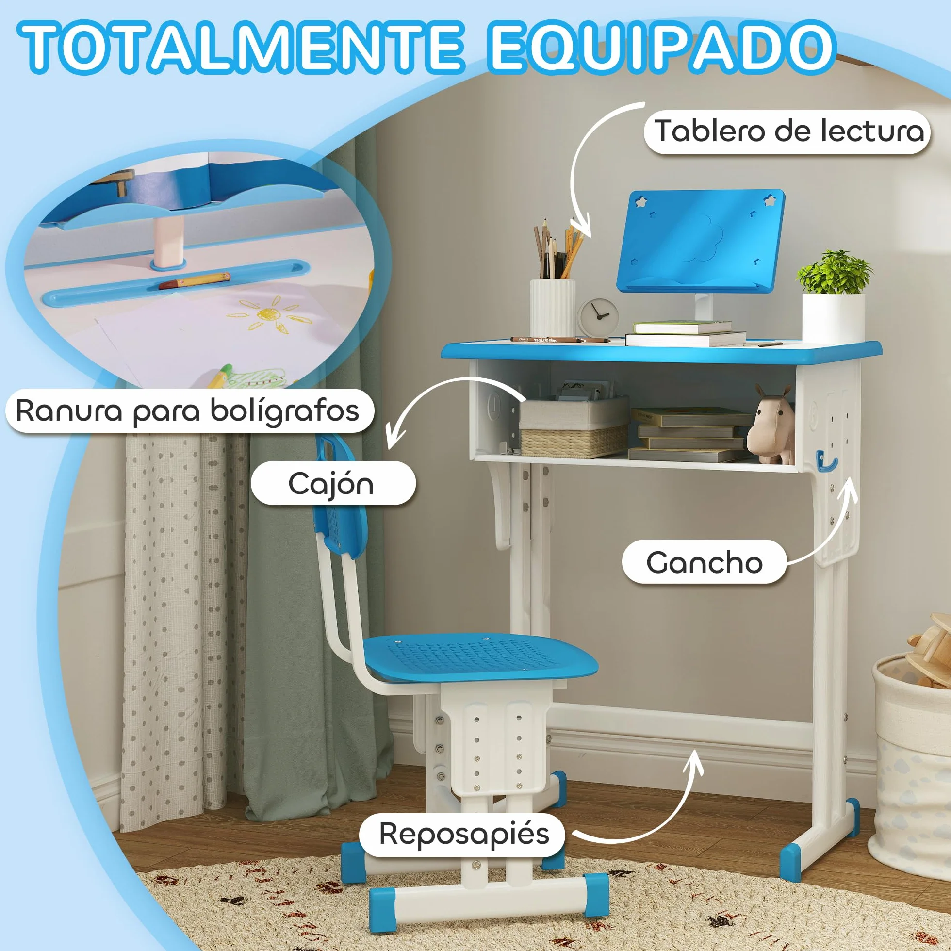 HOMCOM Escritorio Infantil Altura Ajustable 60x45x90-102 cm Azul con Cajón y Estante