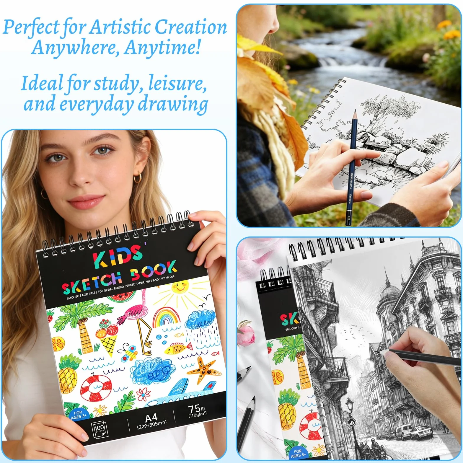 Cuaderno de Dibujo A4 100 Hojas, Bloc de Bocetos Tapa Dura, Papel 110 g/m², 200 Páginas, Sketchbook para Artistas