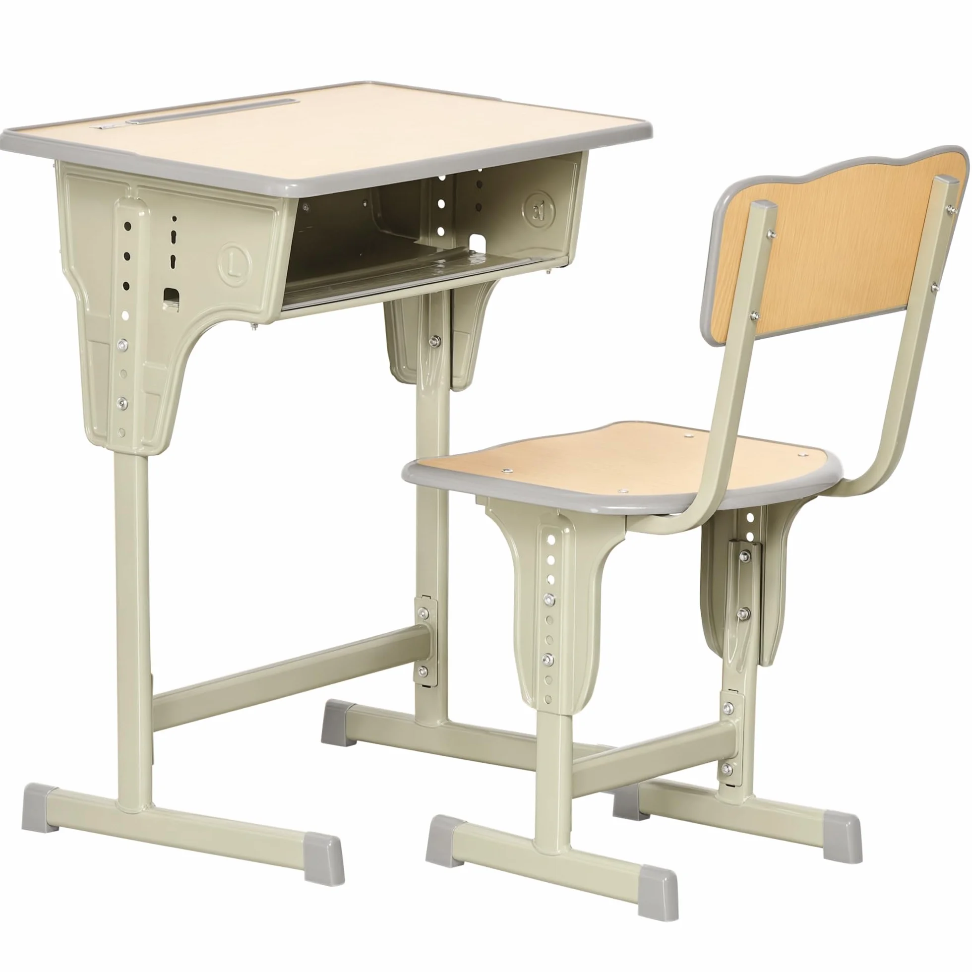 HOMCOM Juego de Escritorio y Silla para Niños +6 Años Altura Regulable con Gancho y Cajón Madera Natural