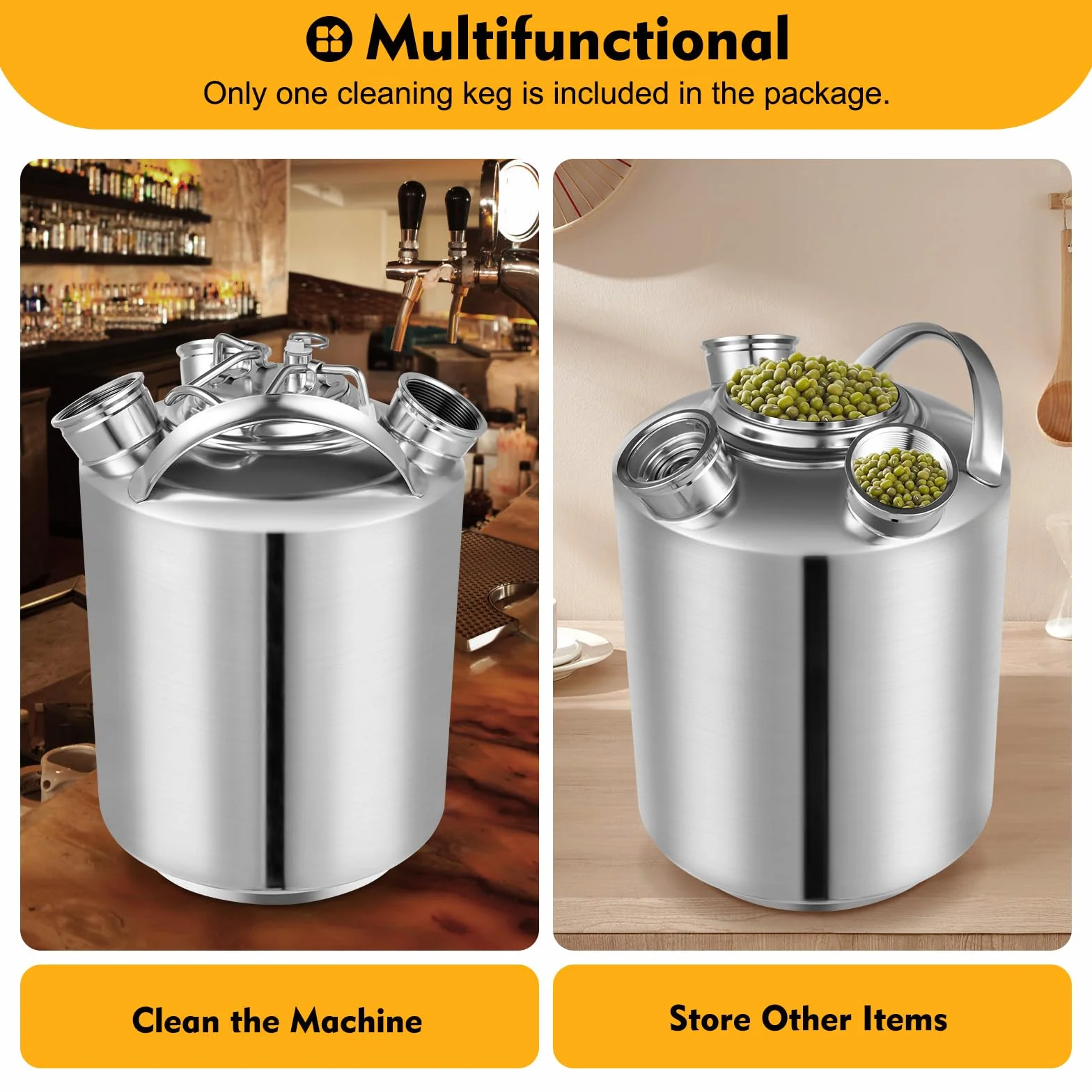 Barril de limpieza de cerveza, 10 l, dispositivo de limpieza con tapa, 3 cabezales, depósito de limpieza, limpiador de tuberías de cerveza, incluye pinchos A, S, G
