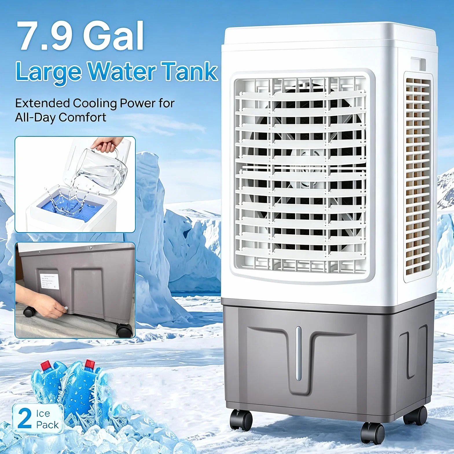 Enfriador de aire evaporativo, ventilador enfriador de aire portátil de 75 W con tanque de agua, hasta 30 L, entrada de aire mejorada de 3 lados, llenado superior, 3 modos, 3 velocidades para