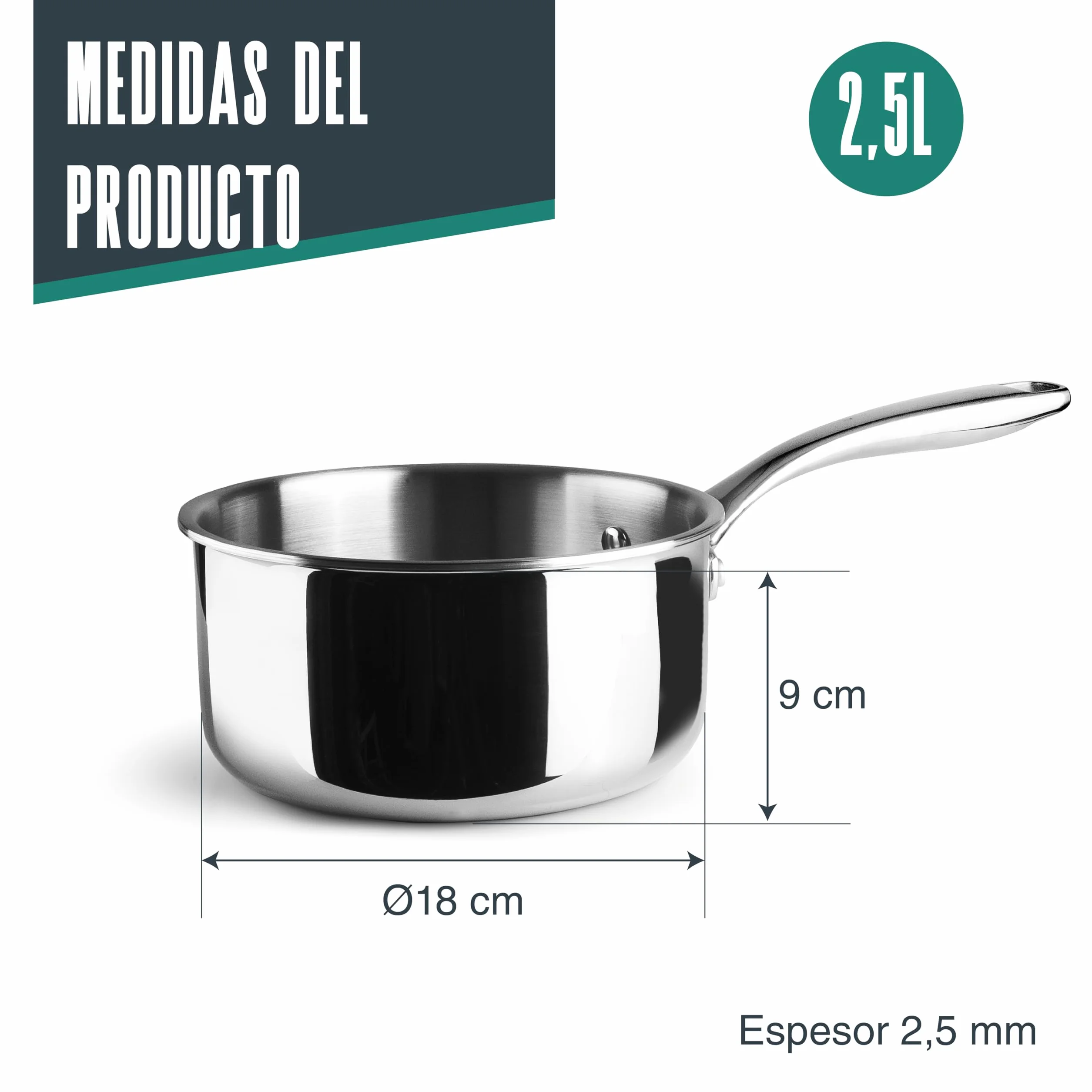 Lacor - 60868 - Cazo Trichef, 2,5 L, 18 cm, Tricapa de Acero Inoxidable 18/10 y Aluminio 1060, Mango de Acero Fundido, Apto para Inducción, Horno y Lavavajillas