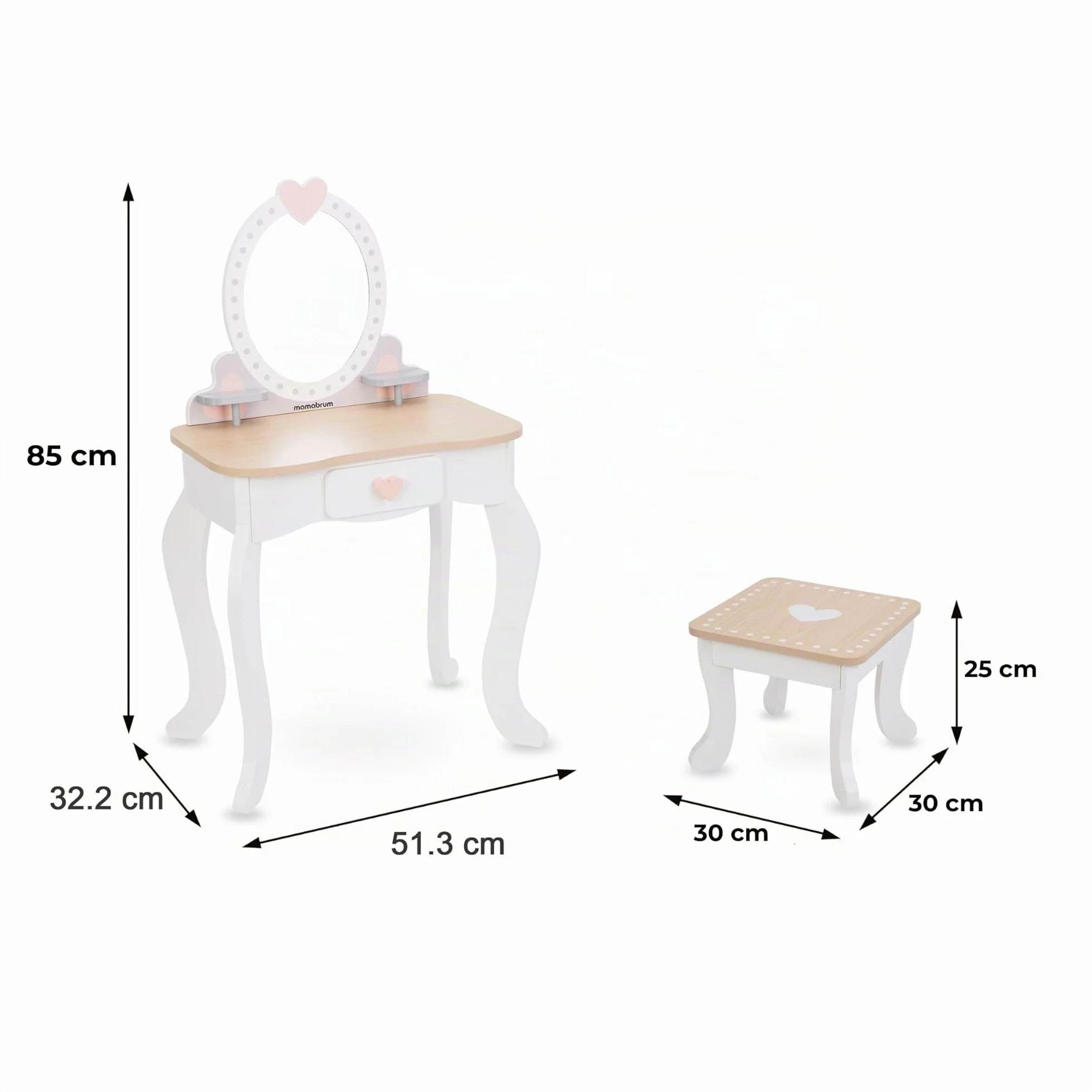 Mamabrum Maquillaje de Madera Dresser para Niñas - Vanidad con Perfume, Esmalte de Uñas, Cepillo y Lazos