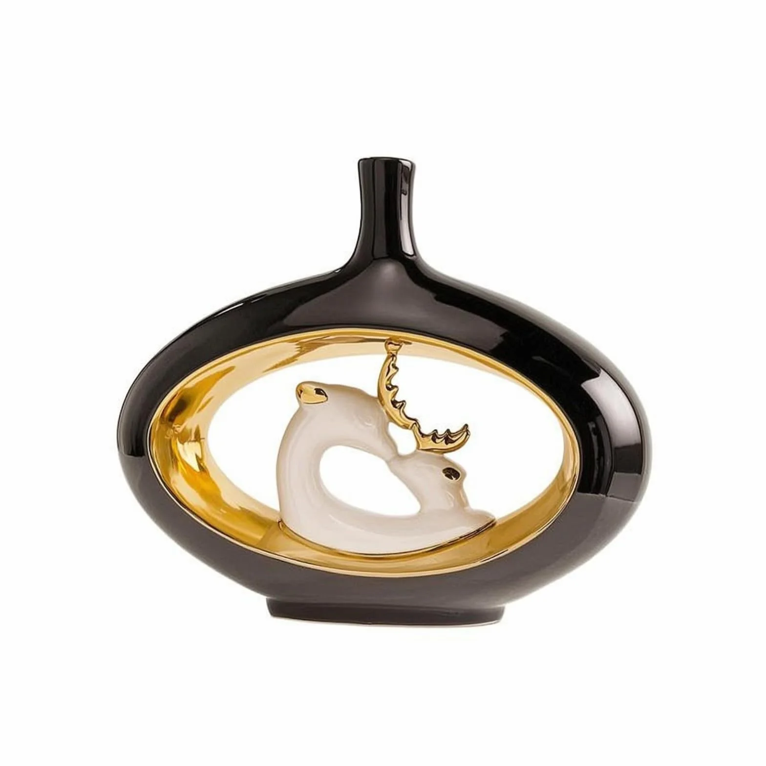 Jarrón Ciervo Cuello Estrecho Jarrón Cerámico Esmalte Brillante Adorno del Hogar para Exhibición Floral, Negro, Dorado, Jarrón De Ciervo 11029