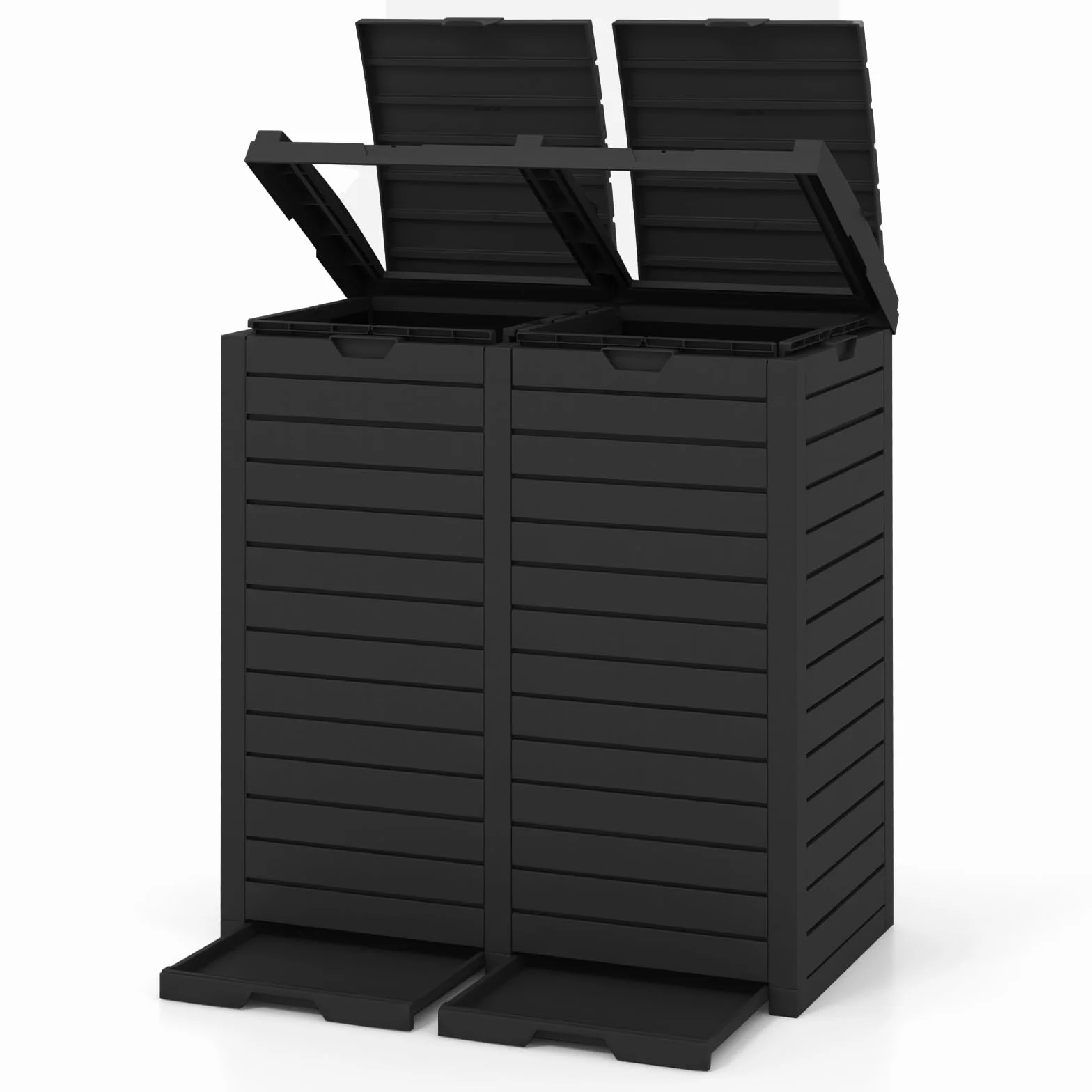 LIFEZEAL Cubo Basura Exterior 235 L, Contenedor Doble de Reciclaje con Tapa Escalonada, Bandeja de Goteo, Impermeable con Asas, Cubo Basura Clasificado para Jardín Cocina (Gris)