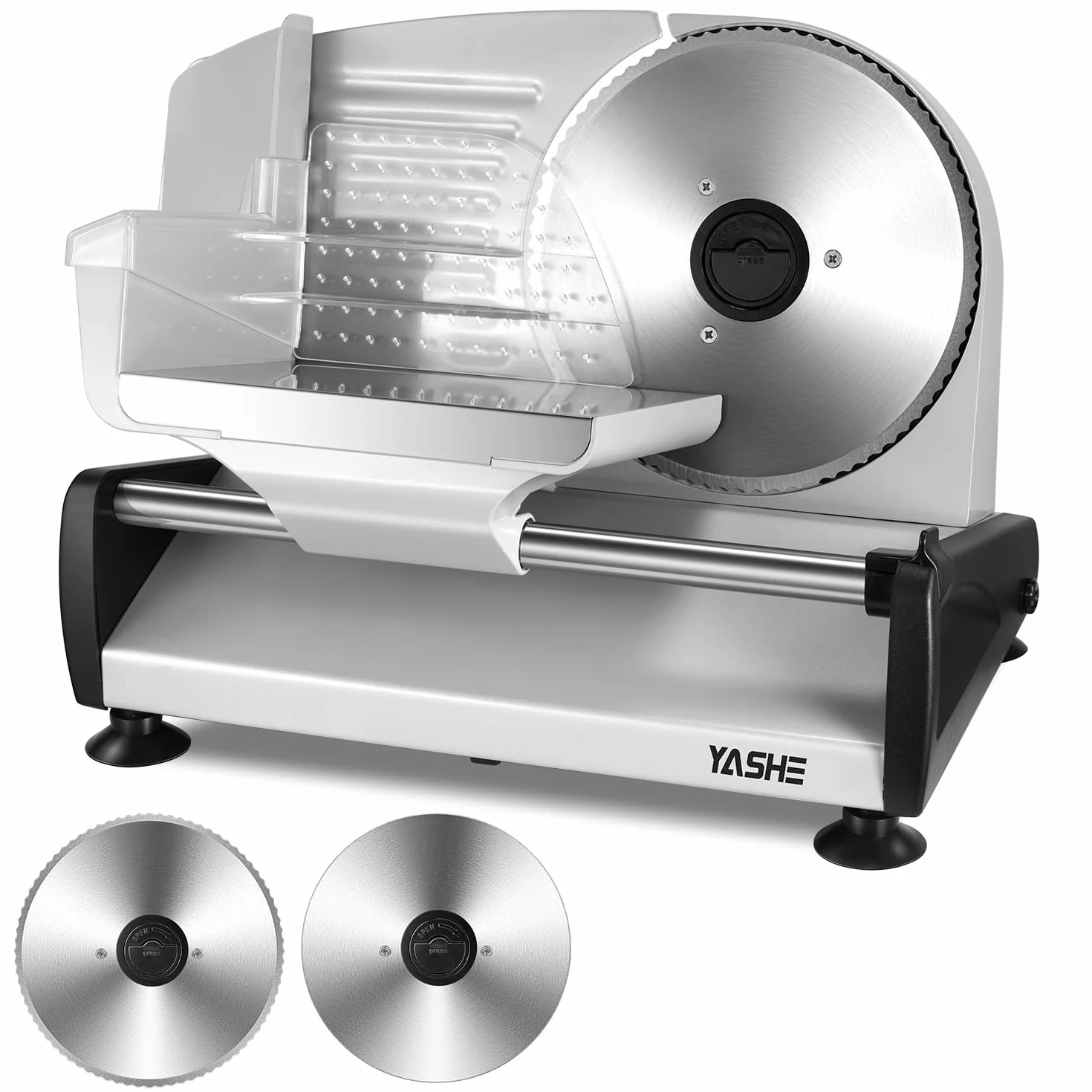 YASHE Cortadora de Fiambre Eléctrica, Cortadora de Carne y Pan de 250W con Cuchillas Serradas y Lisas de 19cm, Espesor Ajustable 0–15mm, Bloqueo de Seguridad, Pies Antideslizantes, Fácil de Limpiar