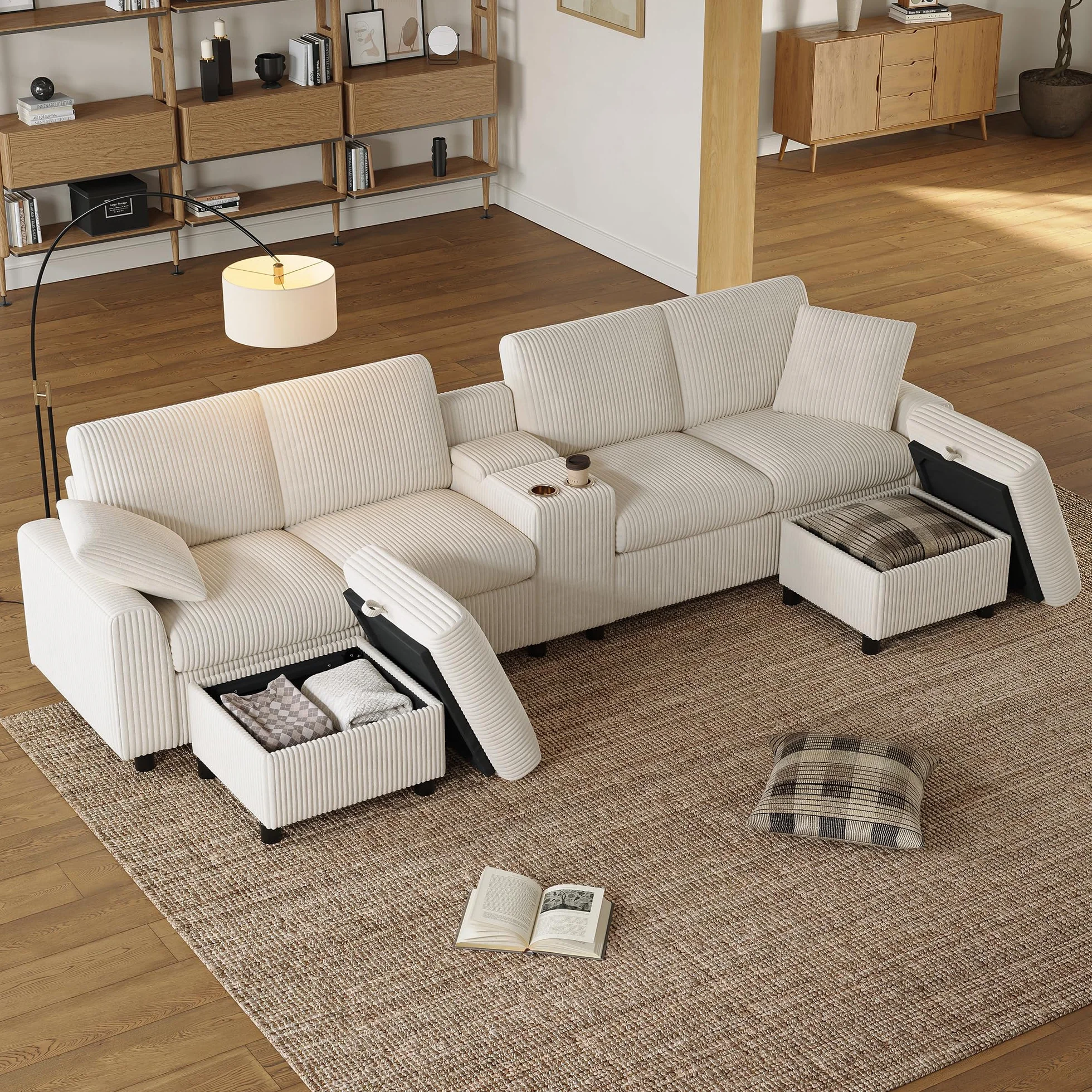 Sofá en forma de U con espacio de almacenamiento y función de carga, sofá de pana beige con 2 taburetes, USB, 2 enchufes y tipo C, soporte para bebidas, 315 x 135 cm (beige + cordón, 4