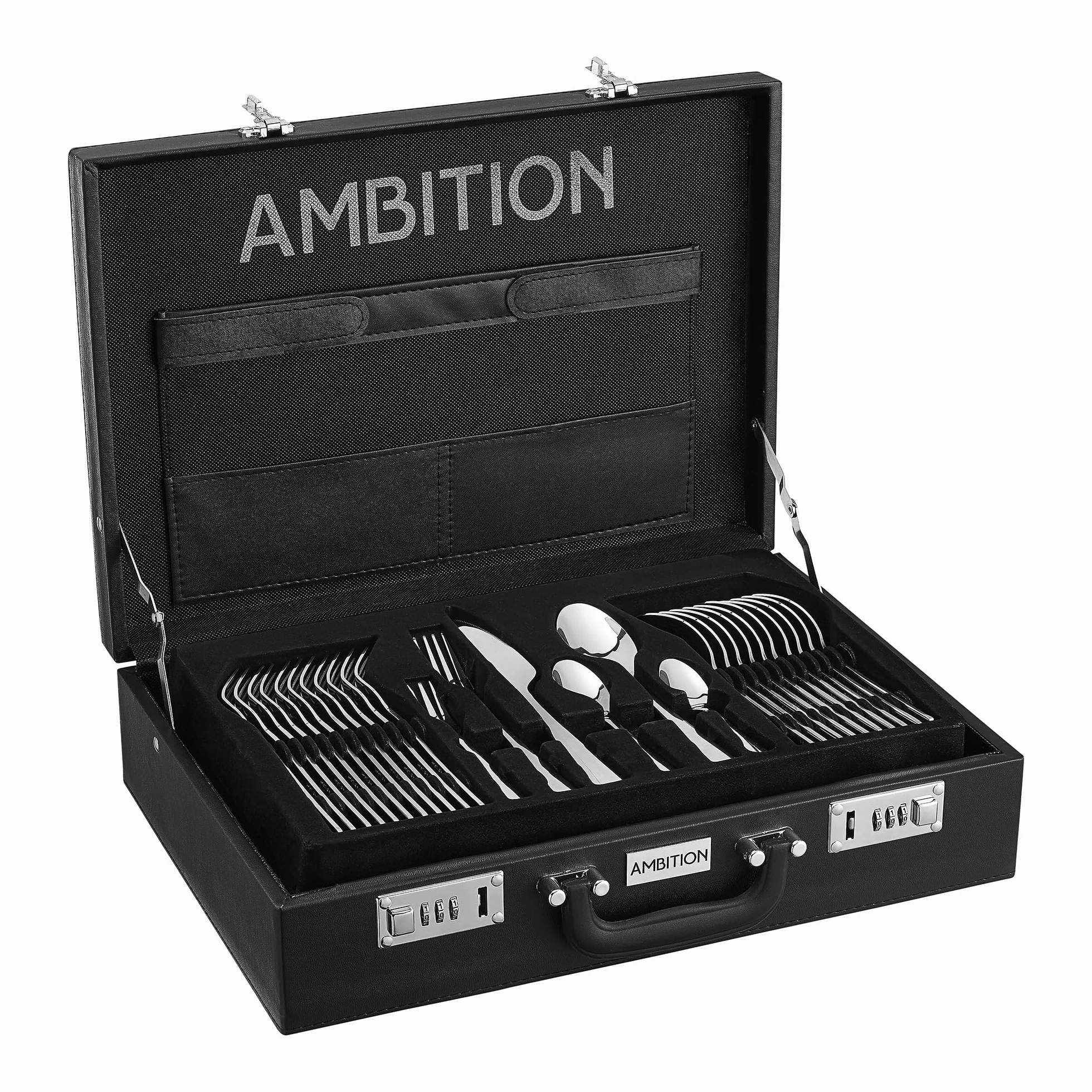 AMBITION Como - Maletín para cubertería (72 piezas, acero inoxidable pulido, con cubertería para servir, apto para lavavajillas)
