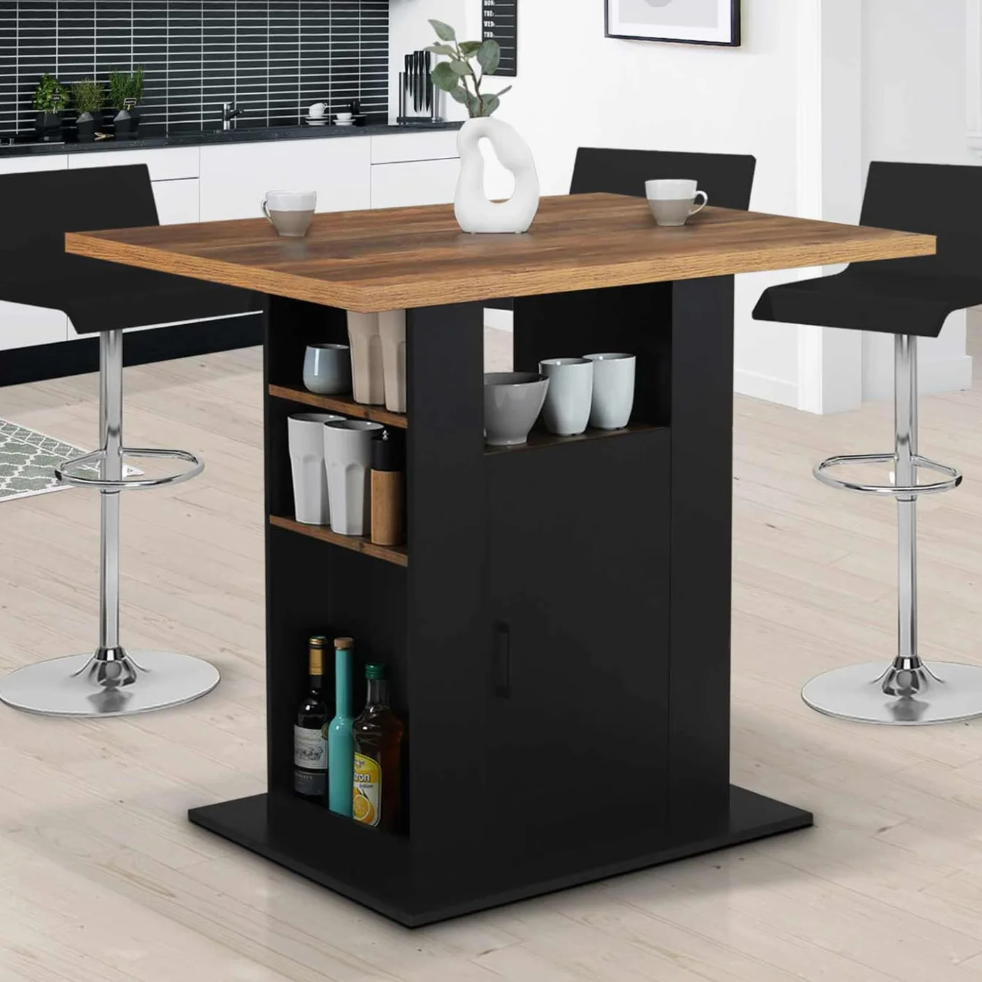 IDMarket - Ilot central UGO 110 cm madera negra y efecto madera oscura HAWKINS con almacenamiento