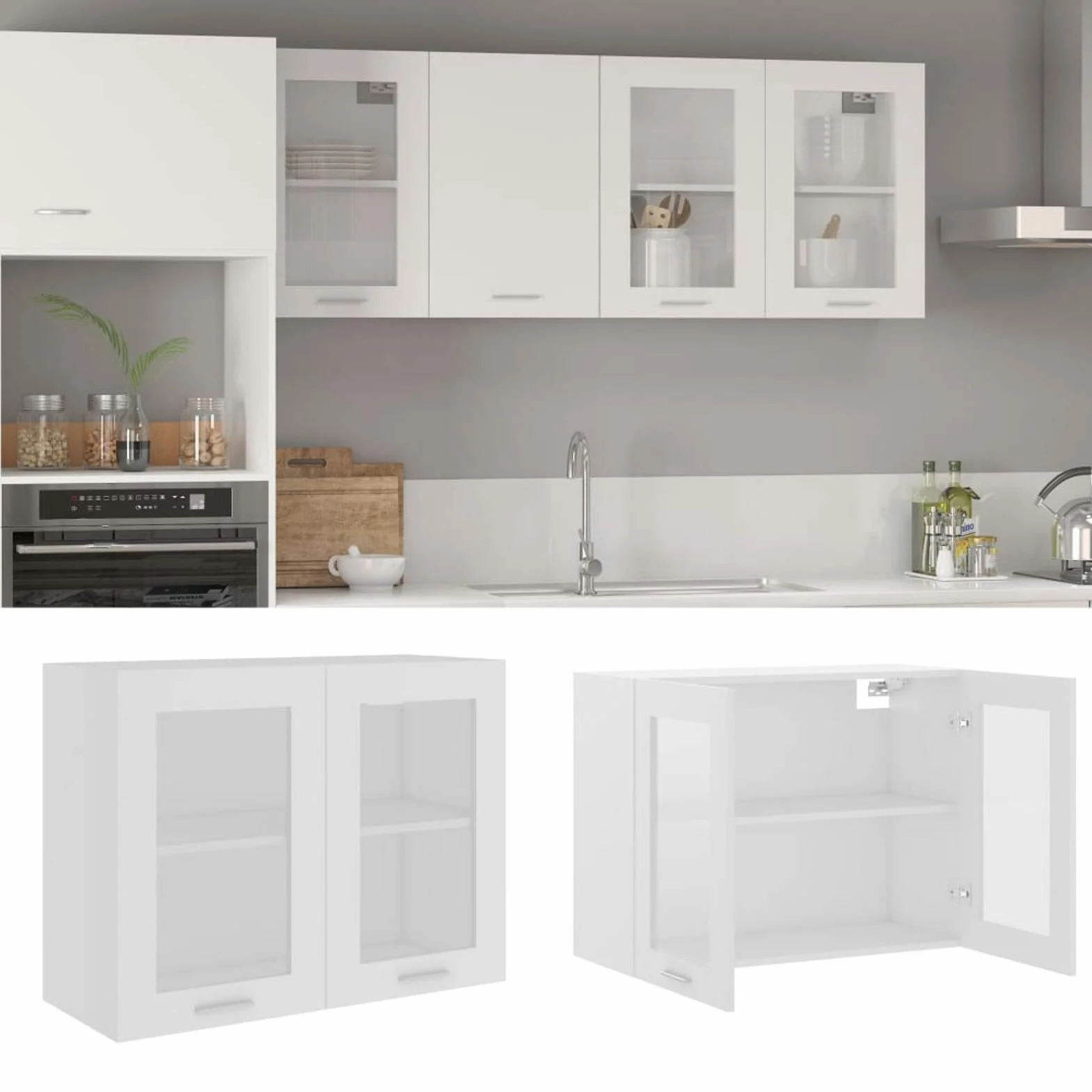 Armario Colgante, Vitrina Pared, Muebles Cocina y Baño, Multiusos, Cristal de Aglomerado Blanco 80x31x60 cm