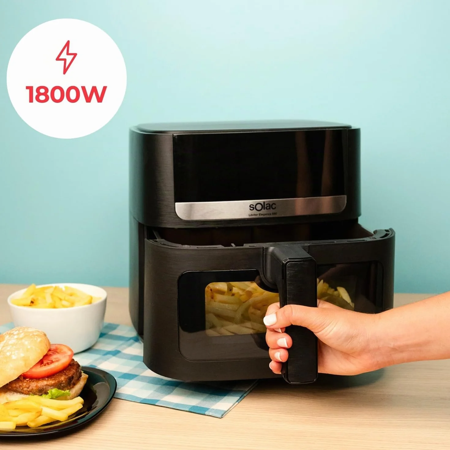 Solac - Air Fryer Leviter Elegance E80 | 1800W 8L | Pantalla Táctil | 8 Programas Automáticos | Temperatura Ajustable y Temporizador | Cocina Rápida | Apta para Lavavajillas | Negro