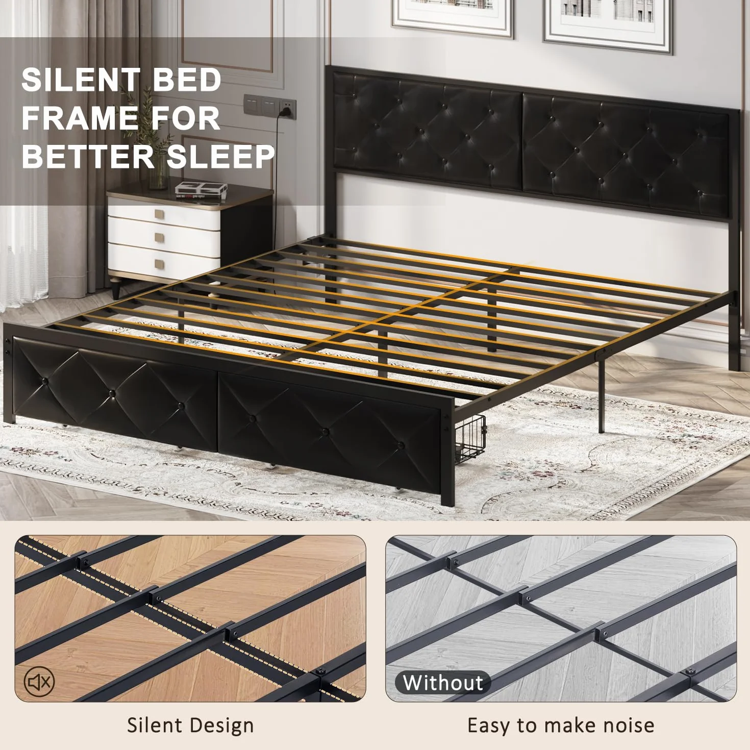 Marco de Cama Matrimonio de 180 x 200 cm con Base de Carga y Cabezal Acolchado, Estructura de Cama de Metal con Cesta, Ruedas de Metal, Capacidad de Peso de 300 kg, fácil de Montar